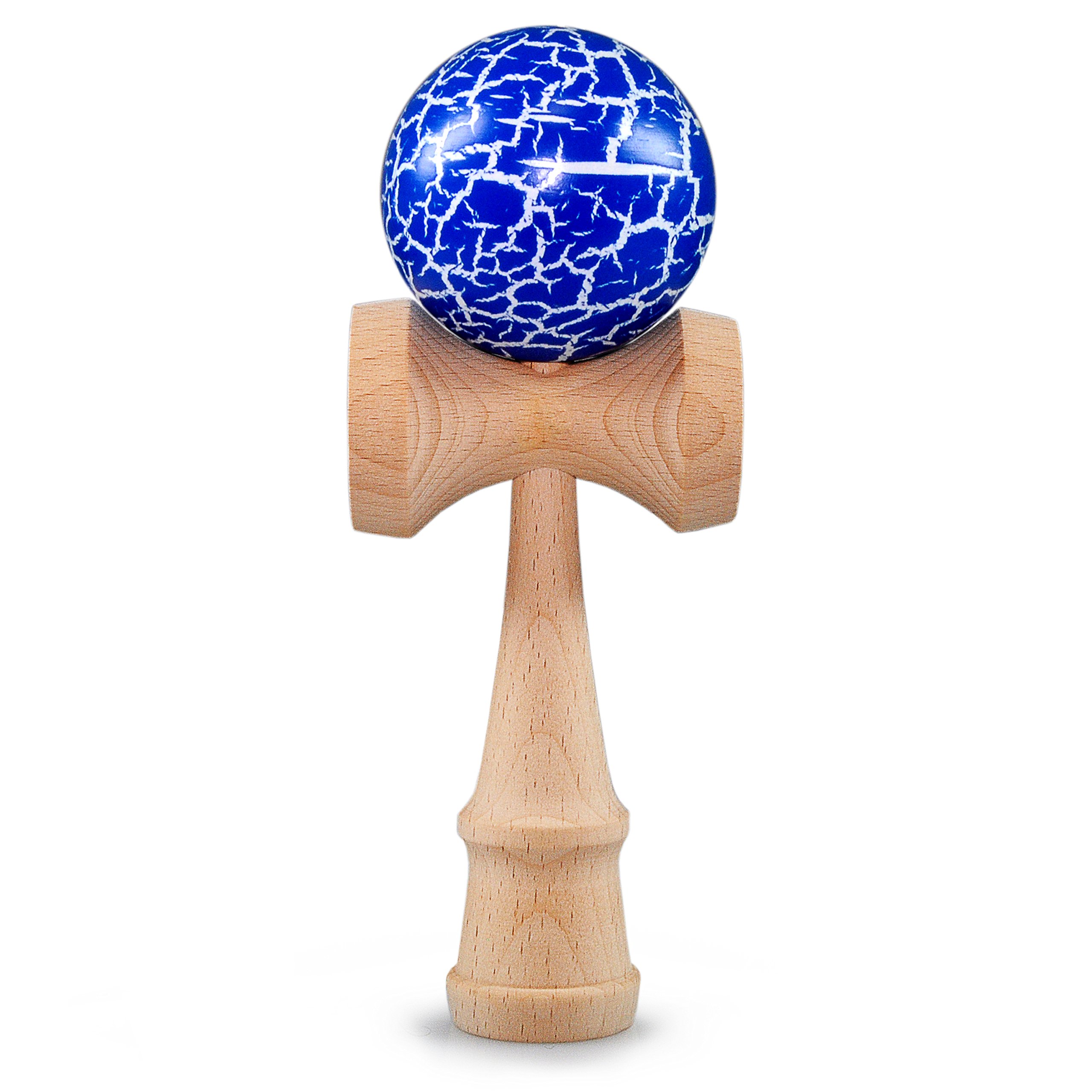 Ganzoo Kendama Tradicional japonés de Madera de Haya, diseño Azul Flash + Madera, Bola con Cuerda de Nylon y 3 Tazas, 16 cm de Alto, Bola 6 cm, Peso Total 144 g