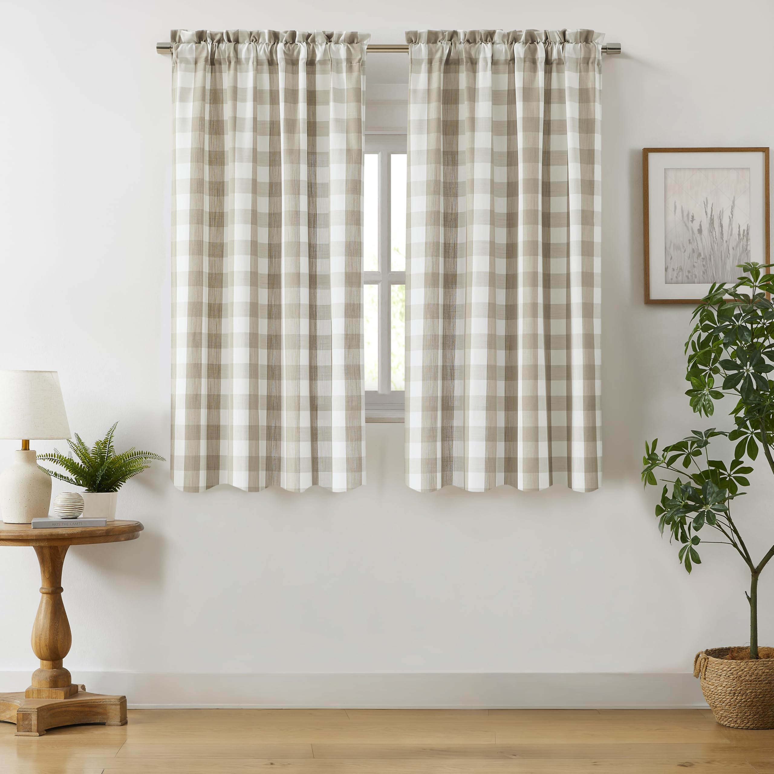 Bapawfish 72 Inch Beige White Buffalo Plaid Semi Sheer Curtains Rod Pocket