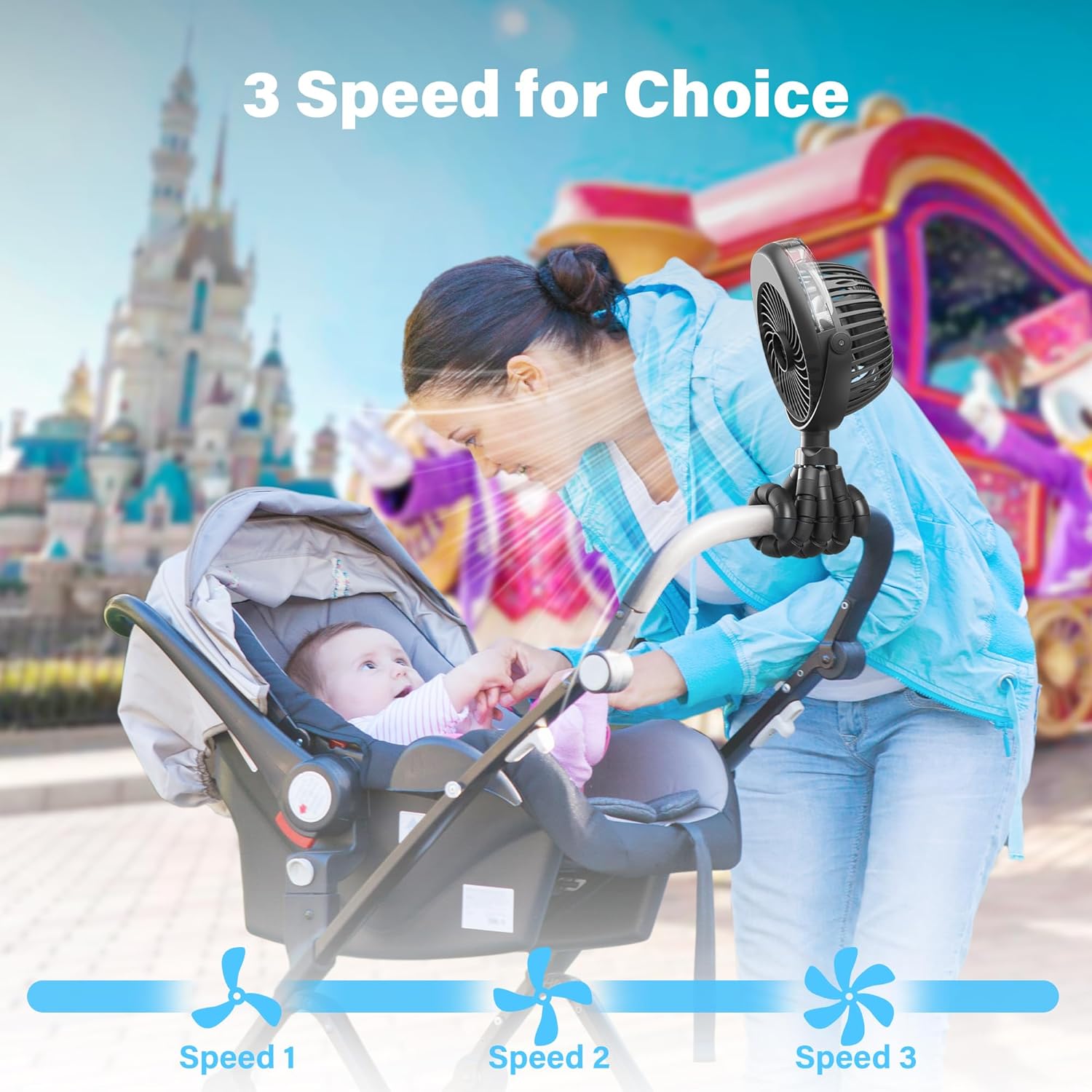 Stroller Fan with Mist, 4000mAh Portable Misting Fan with 360° Pivot, 3 Speed Adjustable, 15H Long Lasting Cooling Fan for Stroller, Outdoor, Car Seat, Crib, Baby Disney Travel Beach Essentials