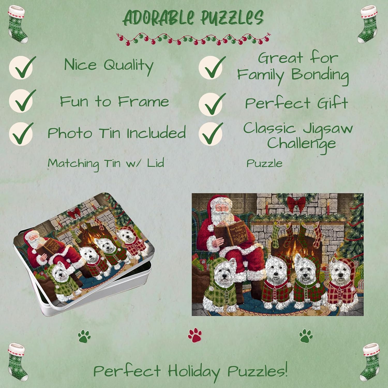 Christmas Cozy Fire Holiday Tails West Highland Terrier Dog Jigsaw Puzzle for Adults - Animal Printed Interlocking Puzzle Game Artwork - Gift for Dog Lover's - 500 Pcs 20.5"x15"
