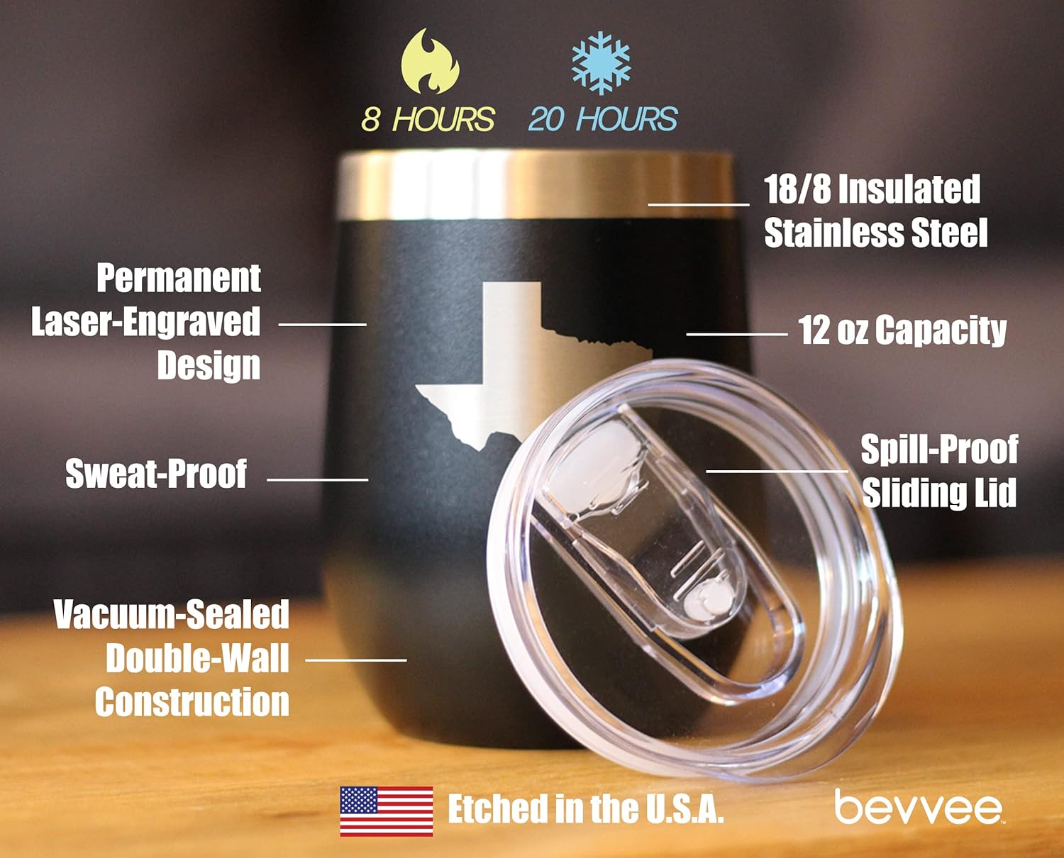 Texas State Outline - Wine Tumbler Glass with Sliding Lid - Stainless Steel Insulated Mug - State Themed Decor and Gifts for Texan Women & Men - Black - Image 4