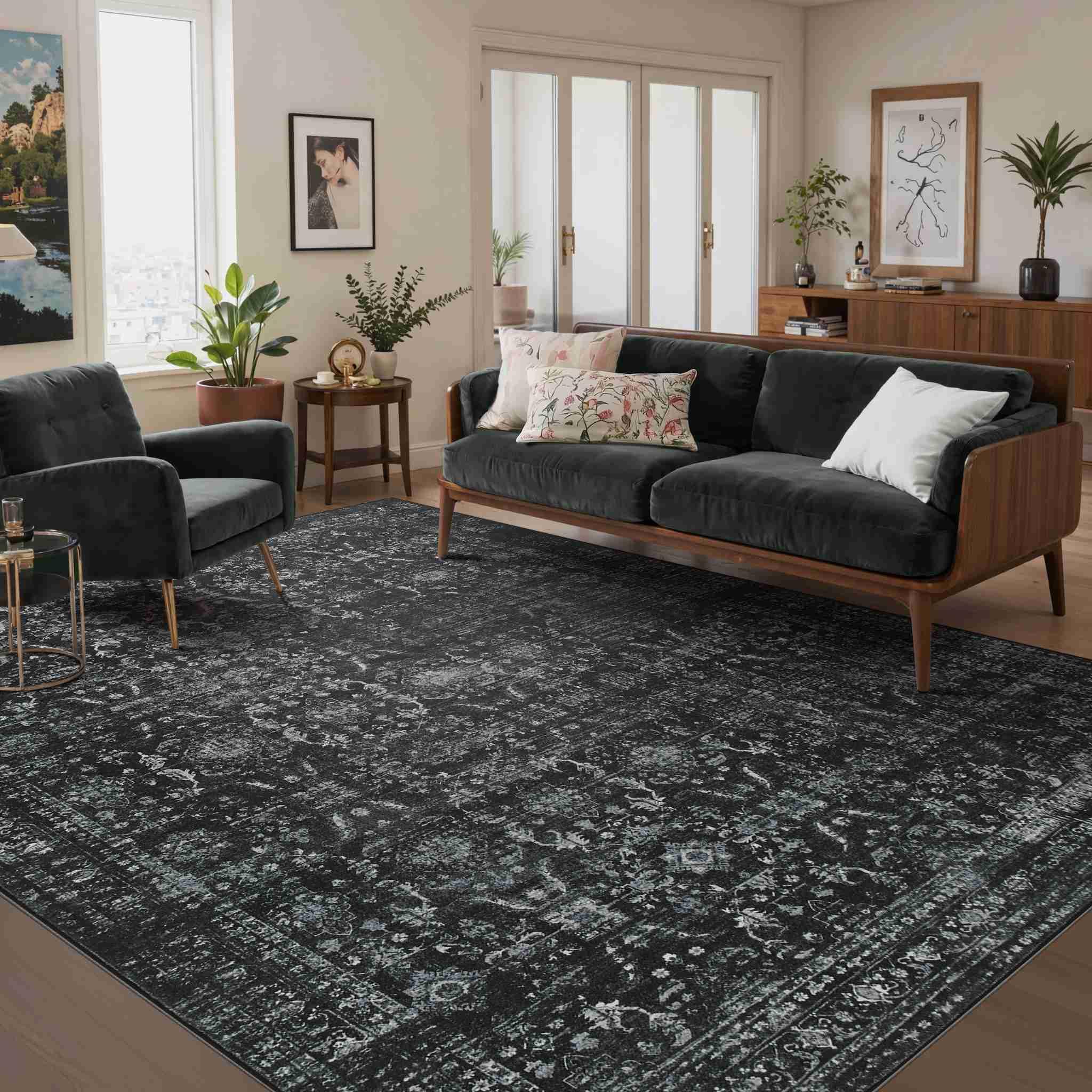 Rugxara 5x7 Area Rugs for Living Room Bedroom, Washable Rug, Black Vintage Floral Boho Rug, Non Slip & Low Pile Faux Wool Thin Carpet for Indoor