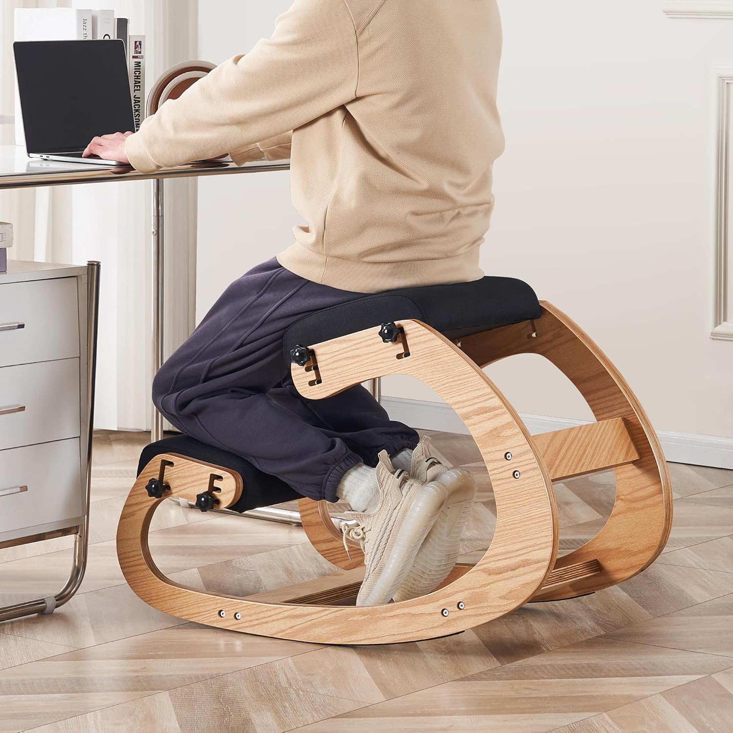 Ergonomic Kneeling Chair, Adjustable Rocking Office Chair Wooden Knee Chair Posture Chair for Home Office Back Pain Relief, Black