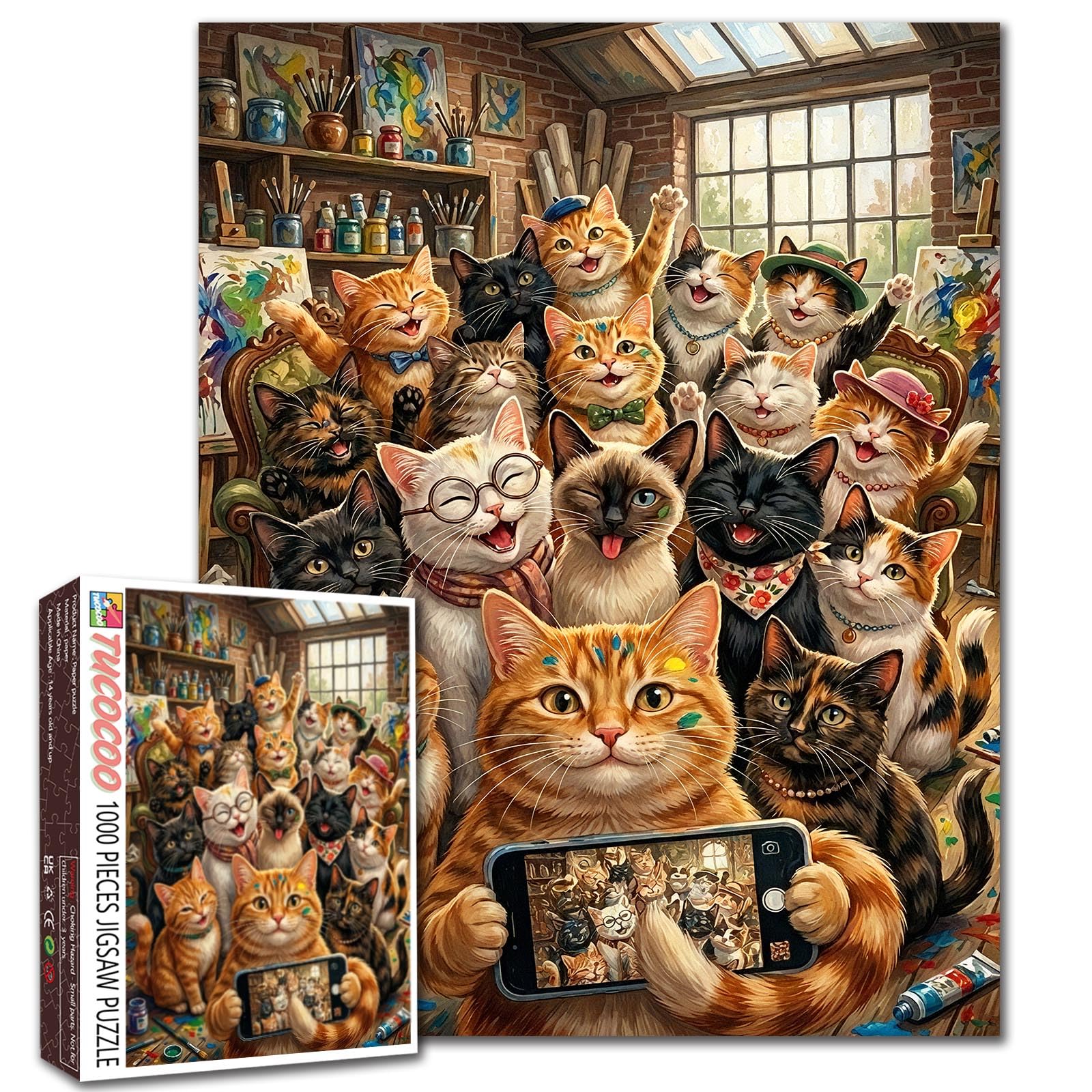 Funny Cats Puzzle 1000 Pieces for Adults Cute Animals Jigsaw Puzzle 19.7 x 27.6 Inch Cat Group Photo Scene Colorful Picture Fun Challenge Puzzles Family Activity Gift for Adults Teens Home Wall Decor โ image 1