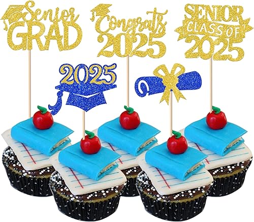 Paquete de 30 adornos para cupcakes de graduación 2025 con purpurina para la clase superior de 2025, decoración para pasteles, diploma de magdalenas