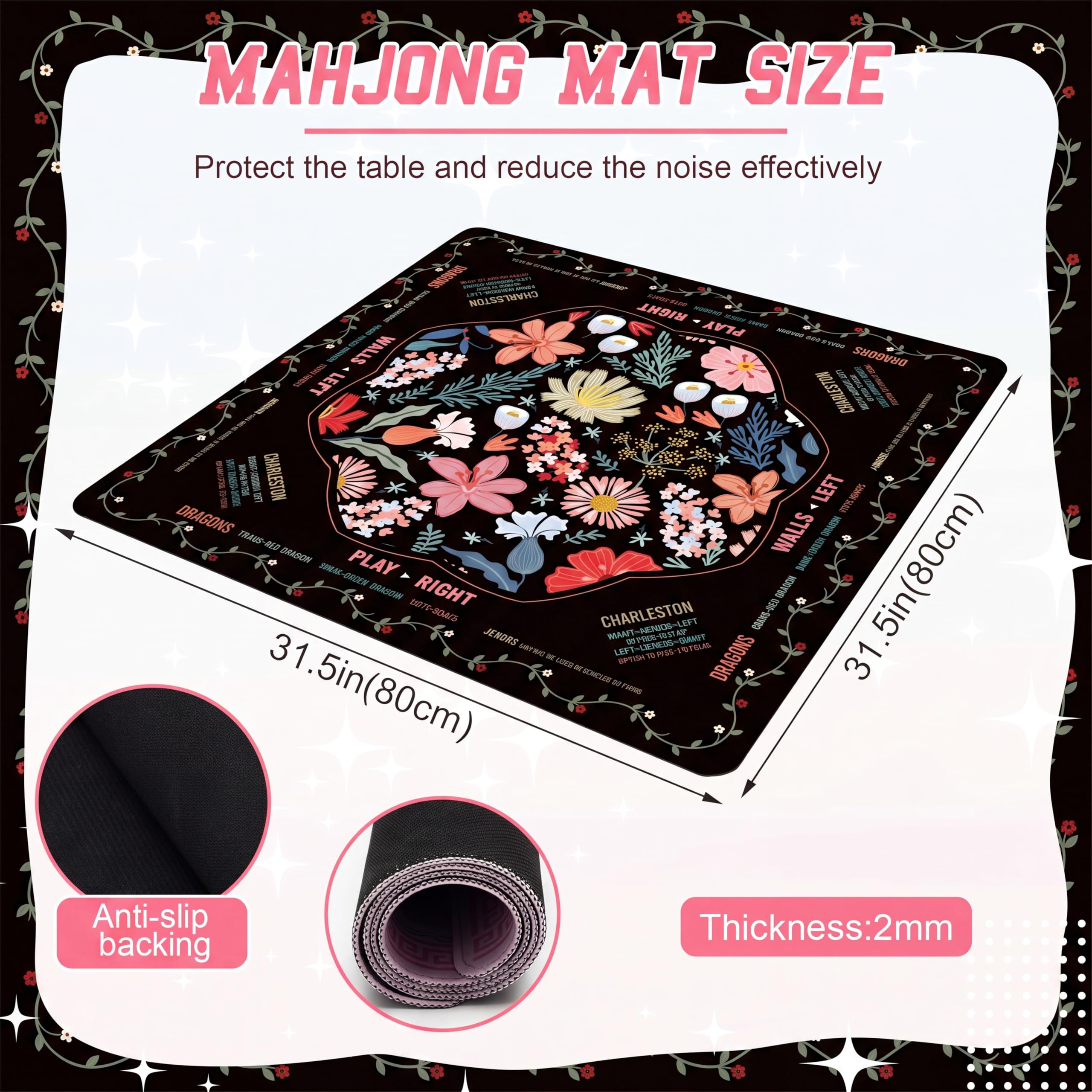 Soulchen Tapete de mahjong americano con reglas para mesa, sin arrugas, se envía enrollado, 31.5 x 31.5 pulgadas, antideslizante, reducción de ruido, con bolsa de transporte para juegos de mesa de