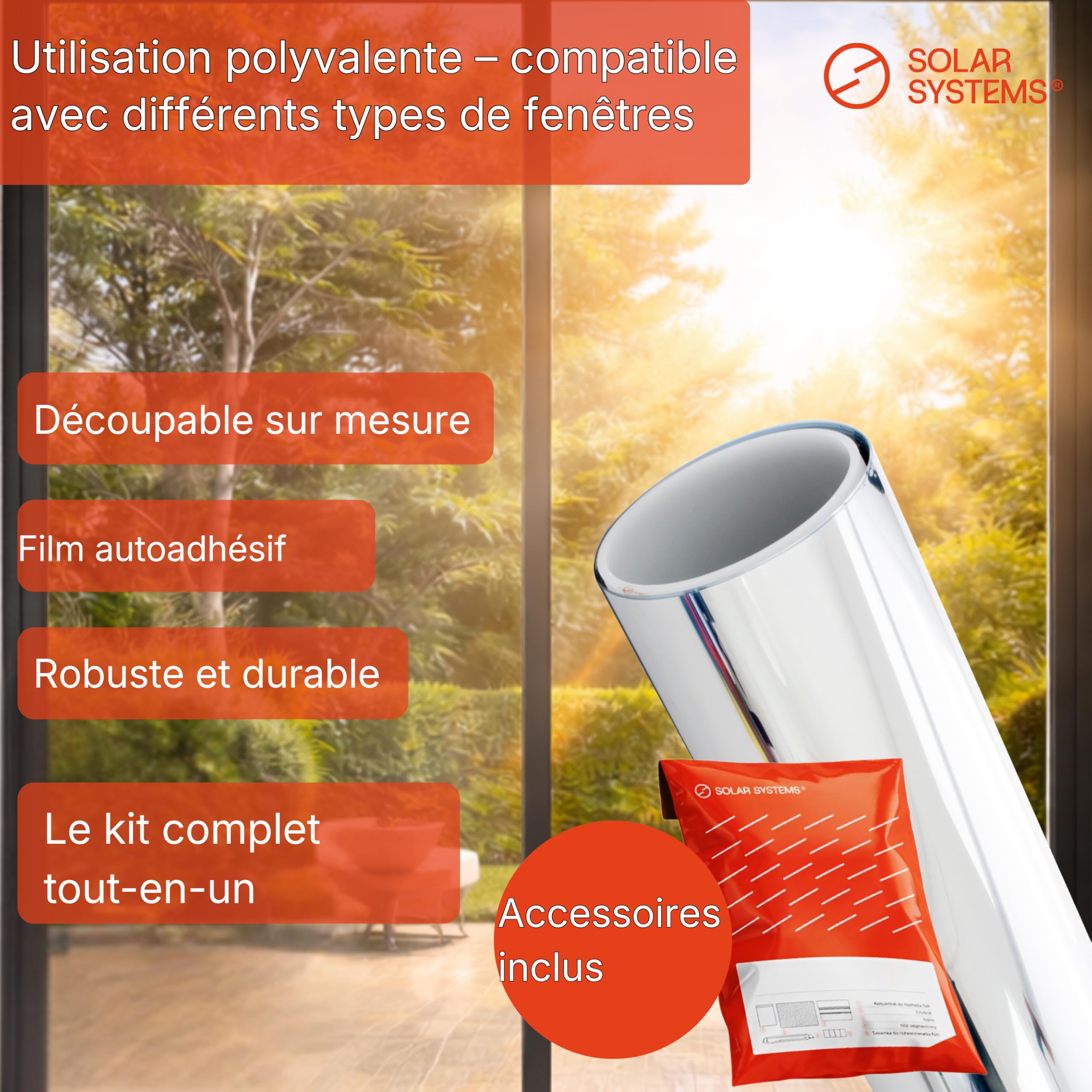 Solar Systems Film Solaire Fenetre Anti Chaleur pour l'isolation Thermique avec kit d'assemblage - Film Miroir argenté Auto-adhésif Anti-UV - Tient la Chaleur dans Le bâtiment (100 x 300 cm)