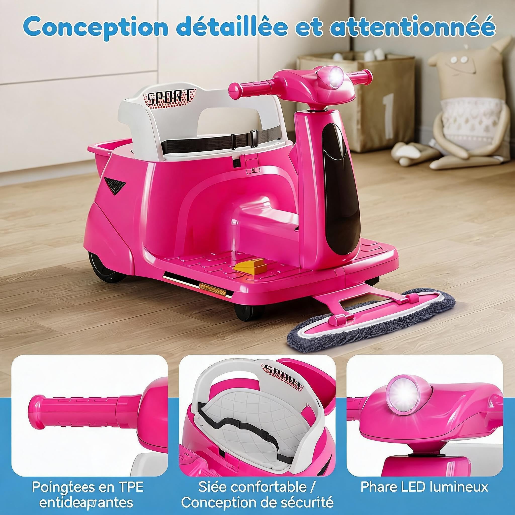 Garvee Kinder Elektroauto 2, in, 1 mit Wischmopp, 12V, Eltern, LED, Lichter | Batterieauto Spielzeugfahrzeug, Fernbedienung, kabellose Verbindung/USB, für Kinder 3, 8 Jahre, Farbe: Rosa