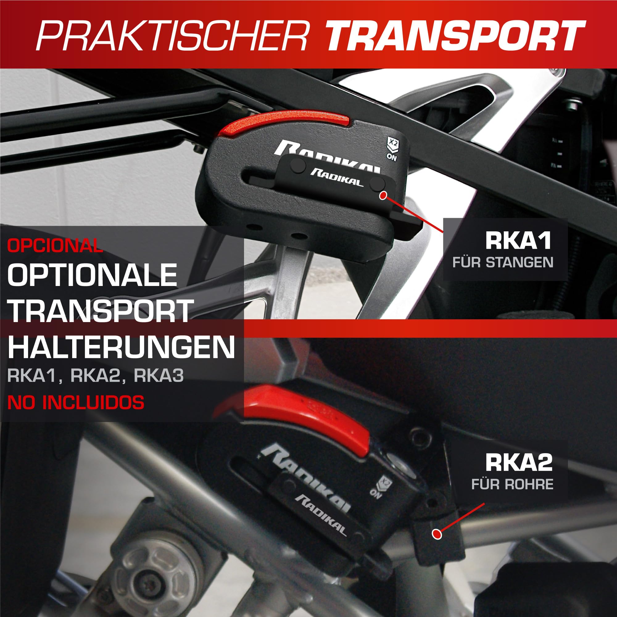 RADIKAL RK15 Bremsscheibenschloss Premium mit Alarm | Aktivierung nach Wahl, 120 dB, LED Warnung Voralarm | Motorrad Schloss SRA-zertifiziert, aus zementiertem Stahl, Doppelverriegelung Ø14, Rot
