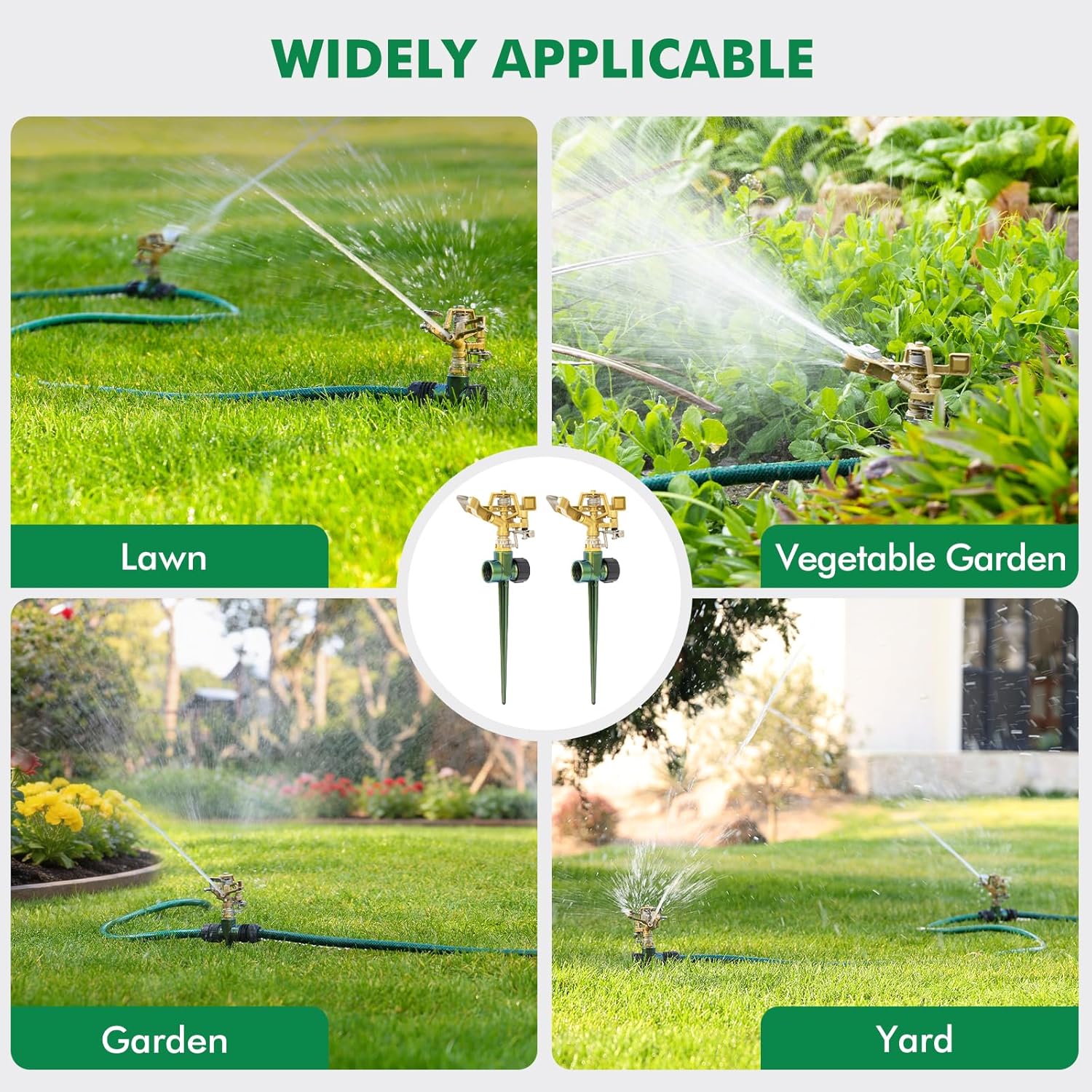 RESTMO 2 Pack Heavy Duty All-Metal Impact Sprinkler, Zinc Alloy Lawn Sprinkler Head on Sturdy Spike Base, 360° Adjustable Coverage Nozzle for Large Area Irrigation