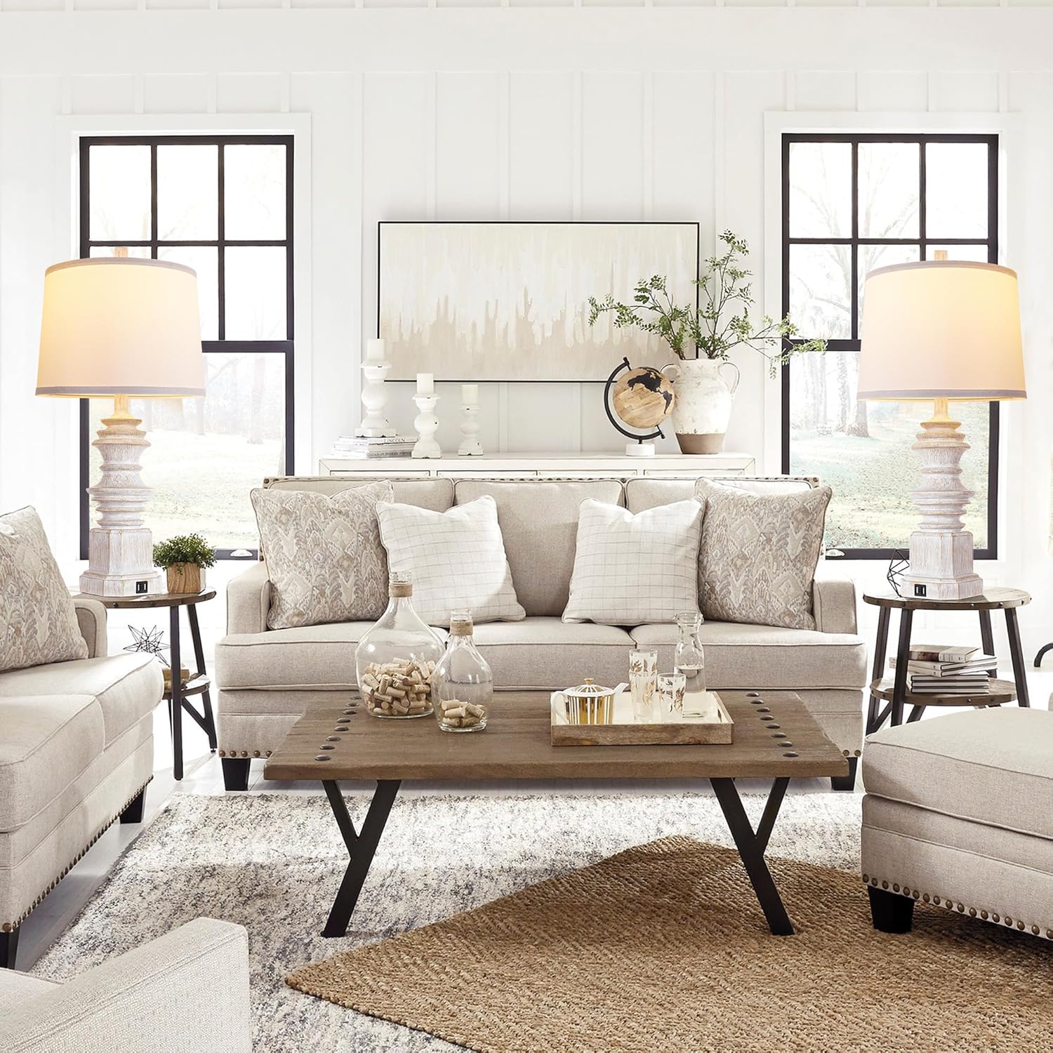 QiMH Table Lamps for Nightstand Set of 2, Bedside Lamp with Dual USB Charging Ports, Farmhouse Decor Table Lamps with White Linen Lampshade for Living Room, Bedroom Lamps with LED Bulbs, White