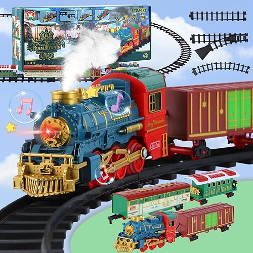Juegos de trenes navideños para alrededor del árbol, juego de tren eléctrico para niños y niñas, modelo recargable con aerosol, luces, sonidos,