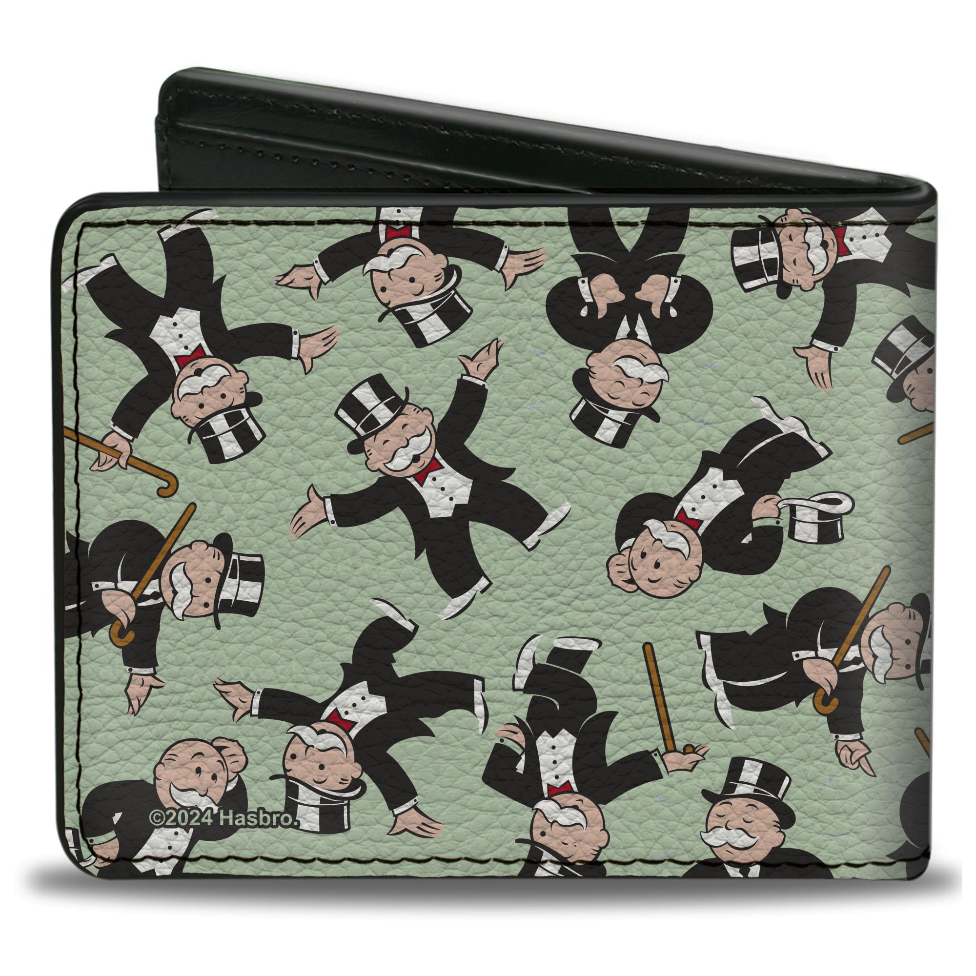 Buckle-Down Hasbro Wallet, Bifold, Mr Monopoly Rich Uncle Pennybags Poses Scattered Green, Vegan Leather