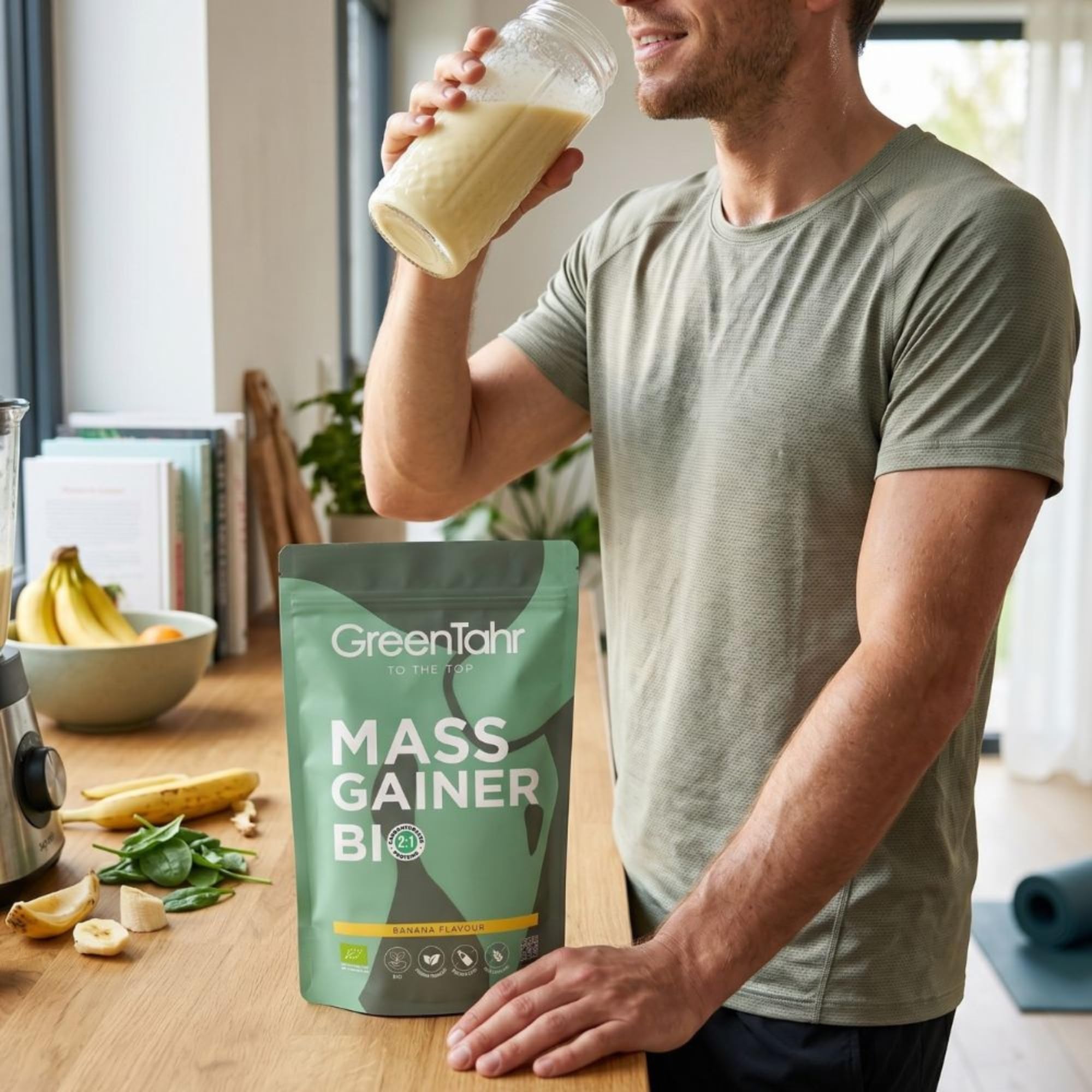 Green Tahr Mass Gainer Vegano Bio. Integratore Carboidrati e Proteine in Polvere per Aumentare Massa Muscolare. Senza Glutine, con Maltodestrine e Vegan Protein. Gusto Banana. 17 Dosi, 1,2 Kg