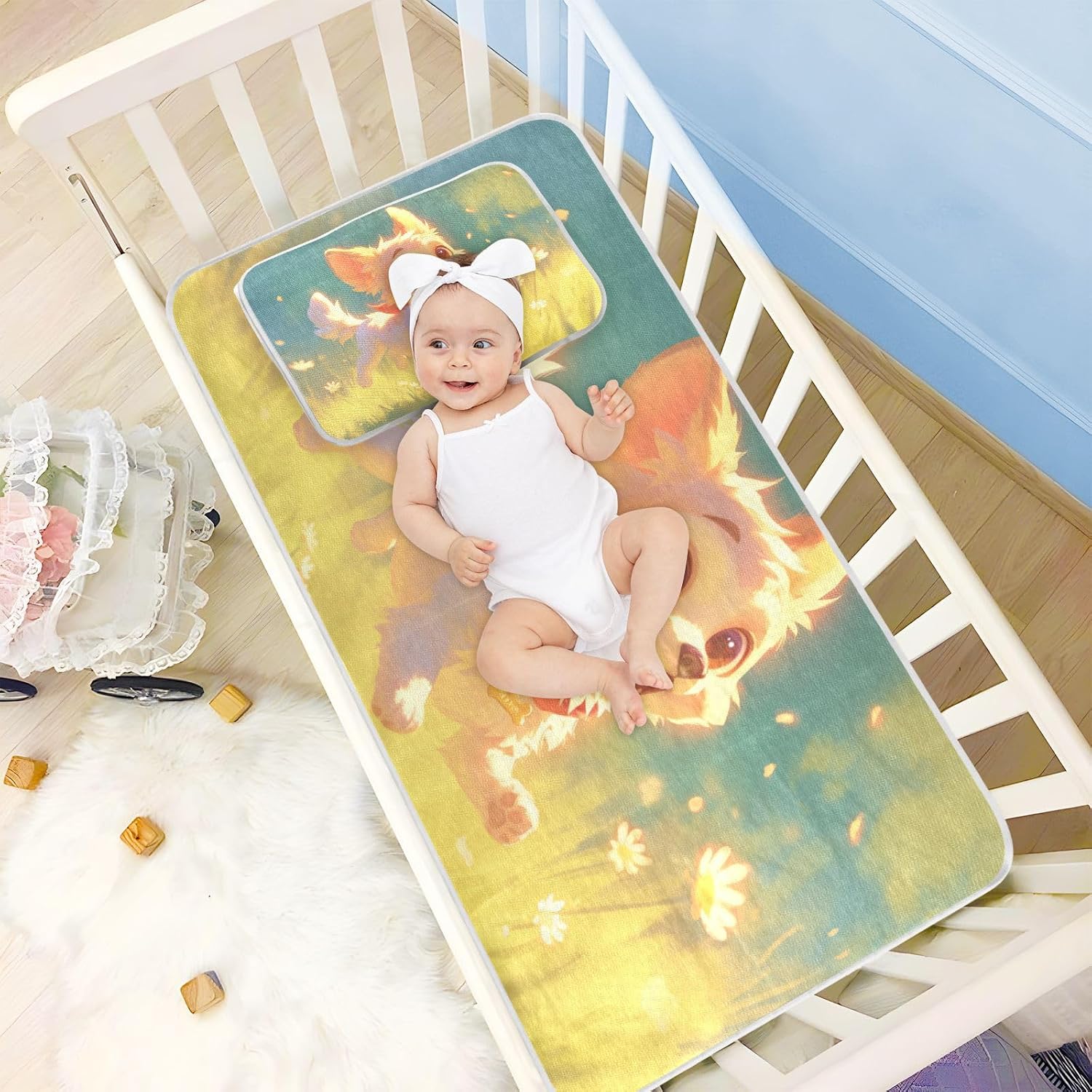 Chibi-Style Cartoon Cute Dog Cooling Baby Bed Mattress Cover 28" x 52" Breathable Padded Crib for Baby&Toddler