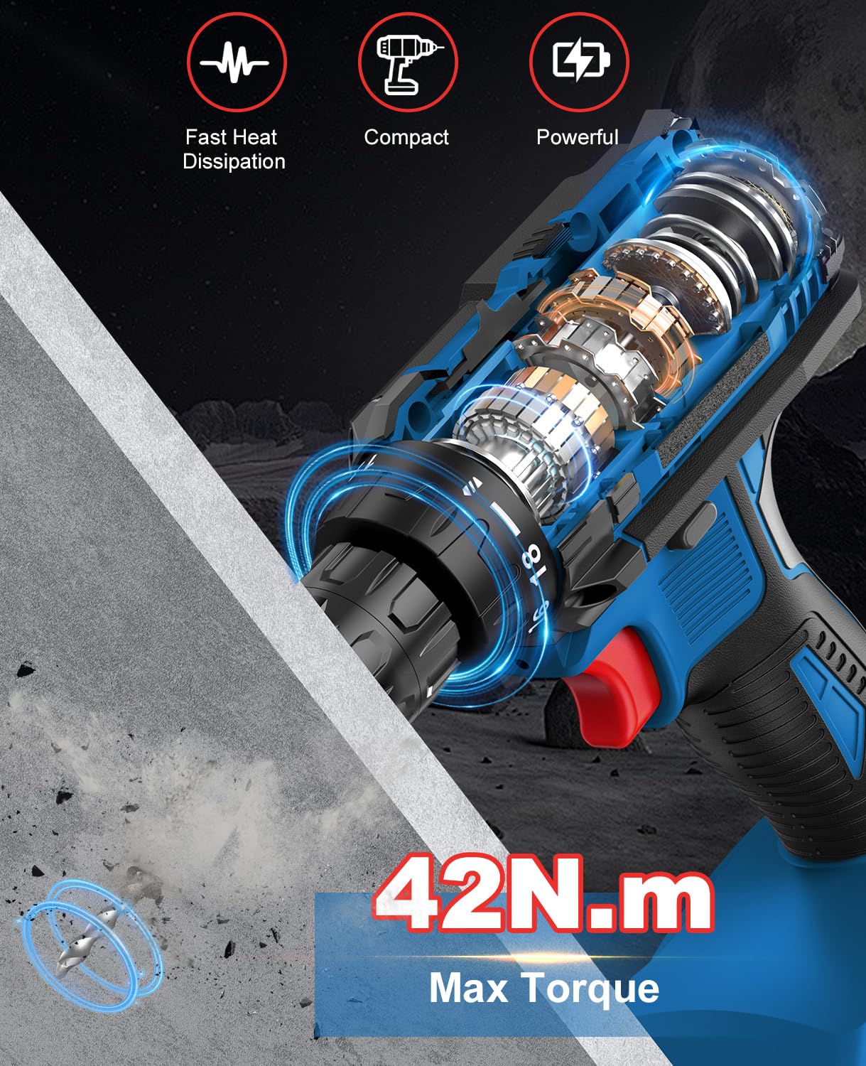 Perceuse Visseuse Sans Fil 21V, Visseuse Devisseuse Sans Fil avec Batterie 2.0Ah, 42Nm Percussion, 18+1 Réglages de Couple, 22 Accessoires, 2 Vitesses, LED, pour le Bricolage, Bleu