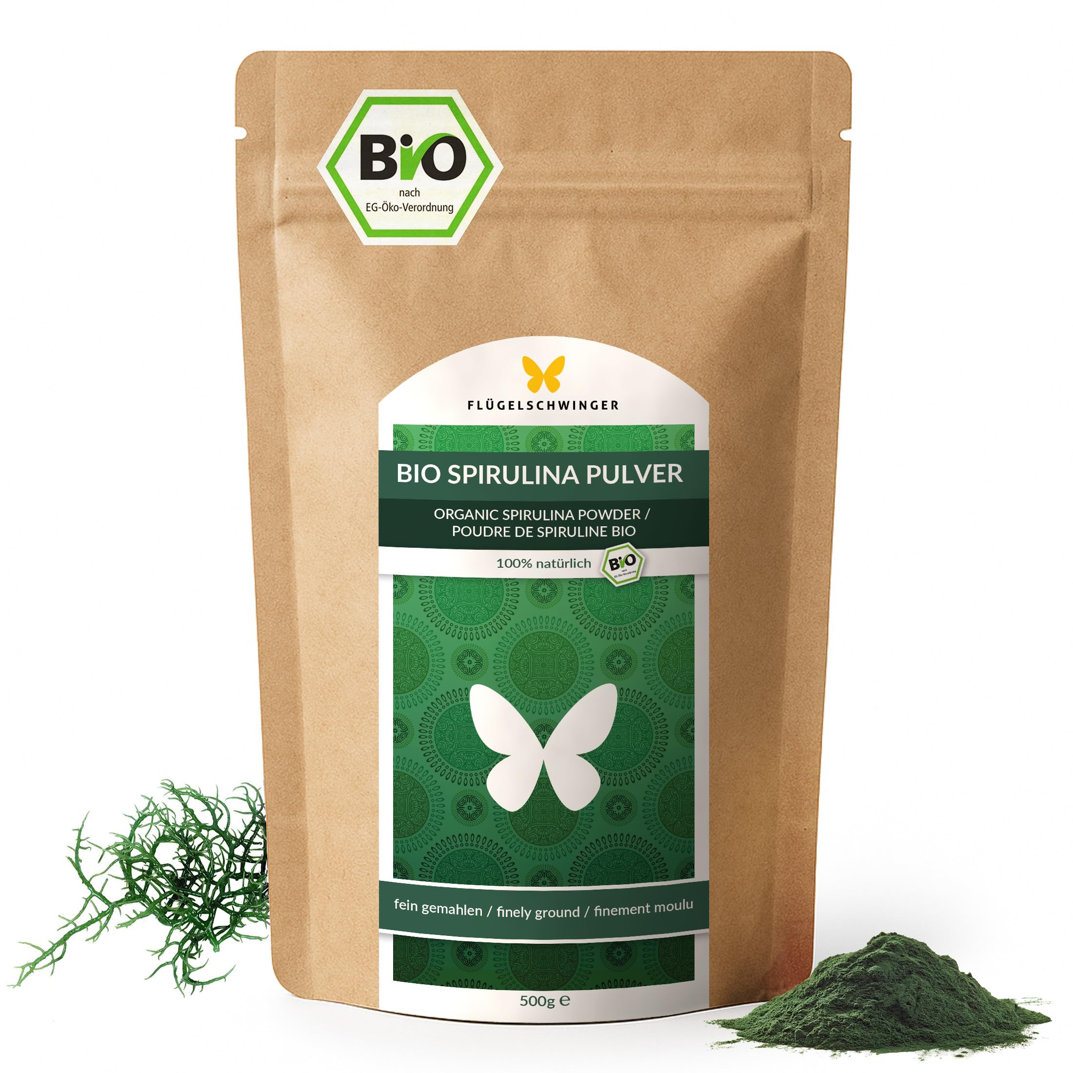 500 g de poudre de spiruline BIO, 100% naturelle, contrôlée quant aux résidus, cultivée et fabriquée selon la norme bio de l’UE, qualité crudivore, sans additifs