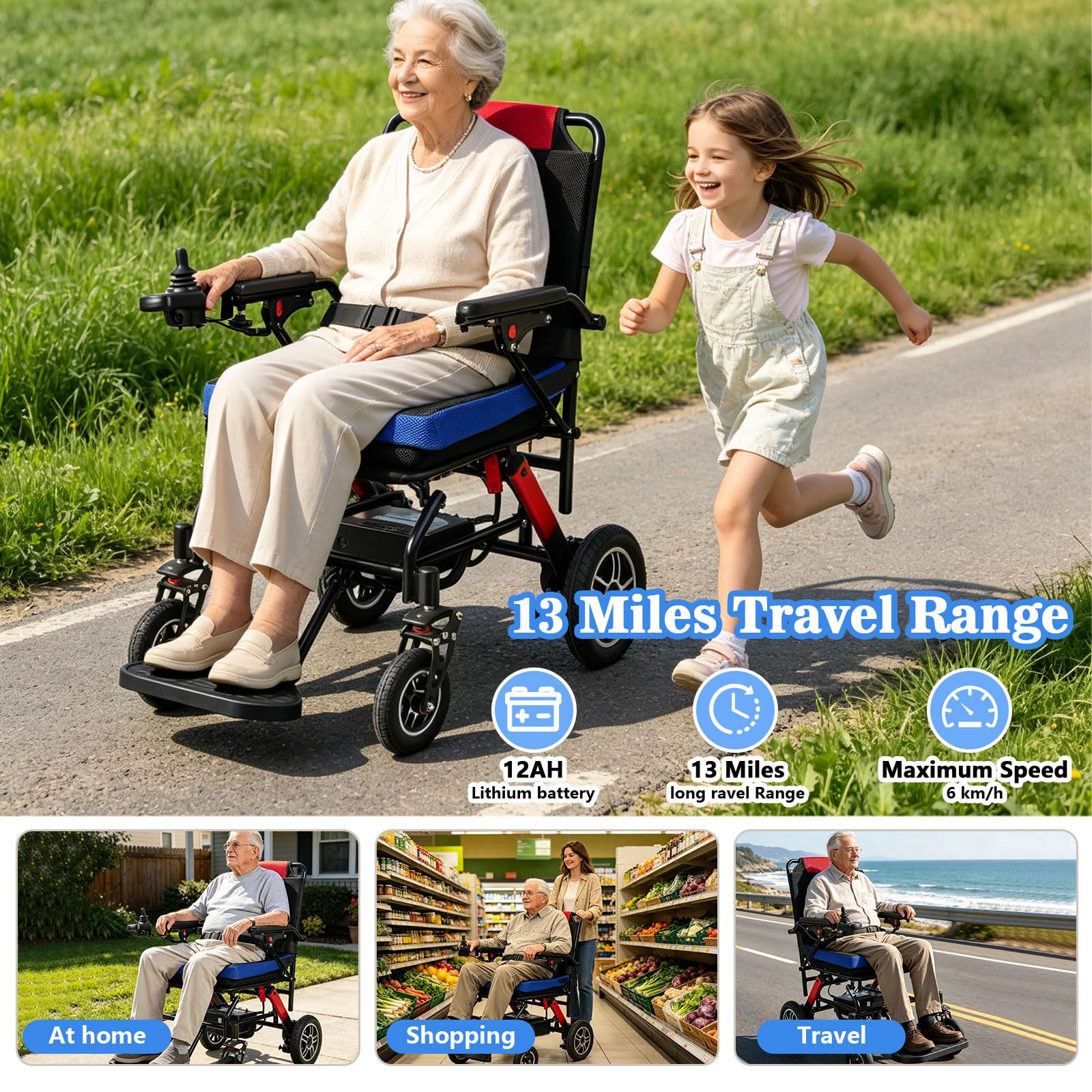 Silla De Ruedas Eléctrica Plegable para Adultos, Autonomía De 21 Km, Silla De Ruedas Eléctrica Ligera Ayuda para La Movilidad Todoterreno para Personas Mayores Y con Discapacidad