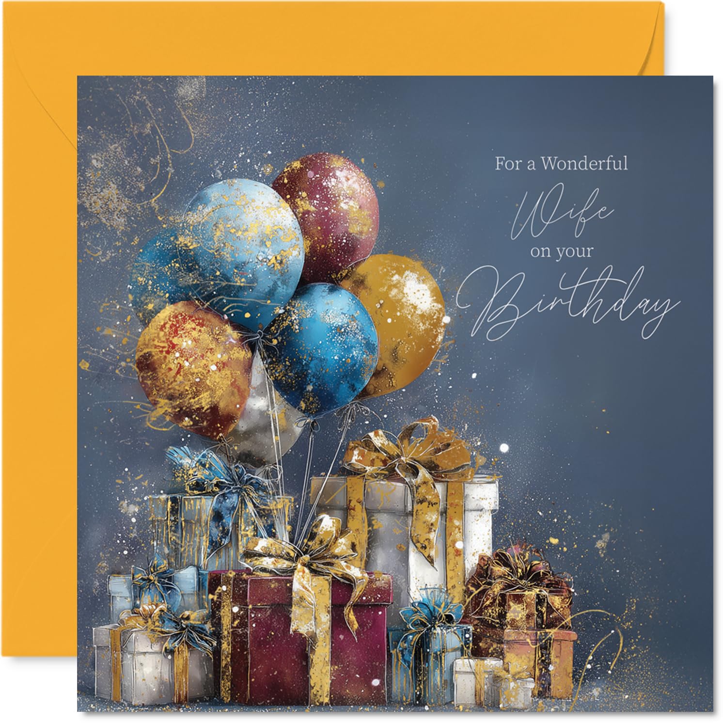 Gold Wife Birthday Card, Gold Balloons & Presents