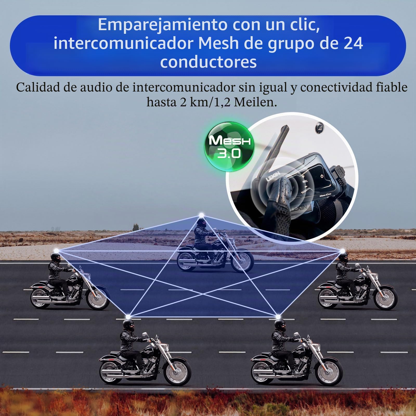 LEXIN MeshCom Interfono Moto MESH 3.0 – Bluetooth 5.0 Interfono Moto con Compartir Música, Multitarea Audio, Impermeable, Mesh Sistema de Comunicación, Doble Paquete