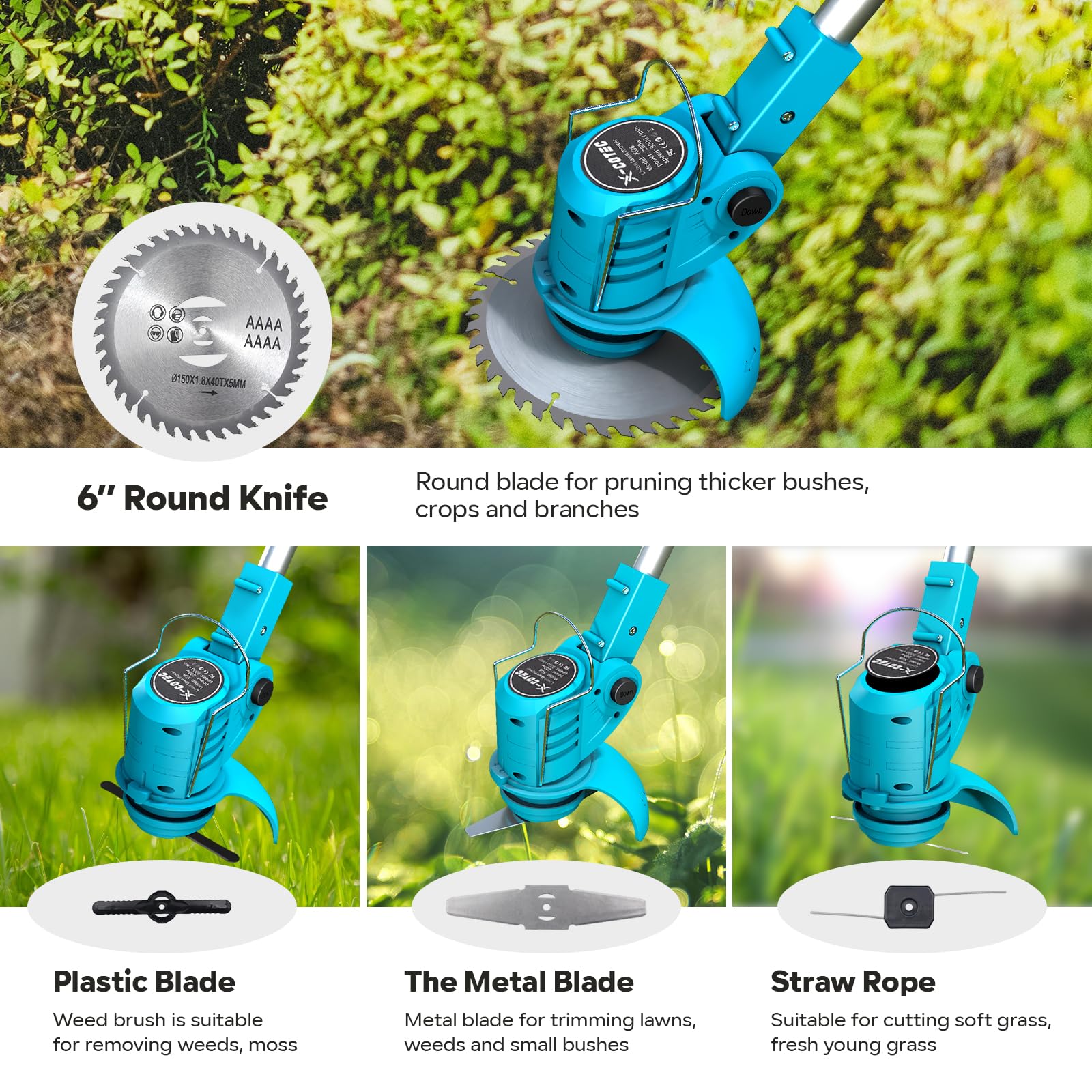 Rasentrimmer mit Akku – Elektrischer Rasentrimmer, 2x1500mAh, 9000 U/min, Teleskopgriff 71–106cm, 4 Klingentypen– Freischneider Akku für Garten, Motorsense, Kantenschneider Rasen