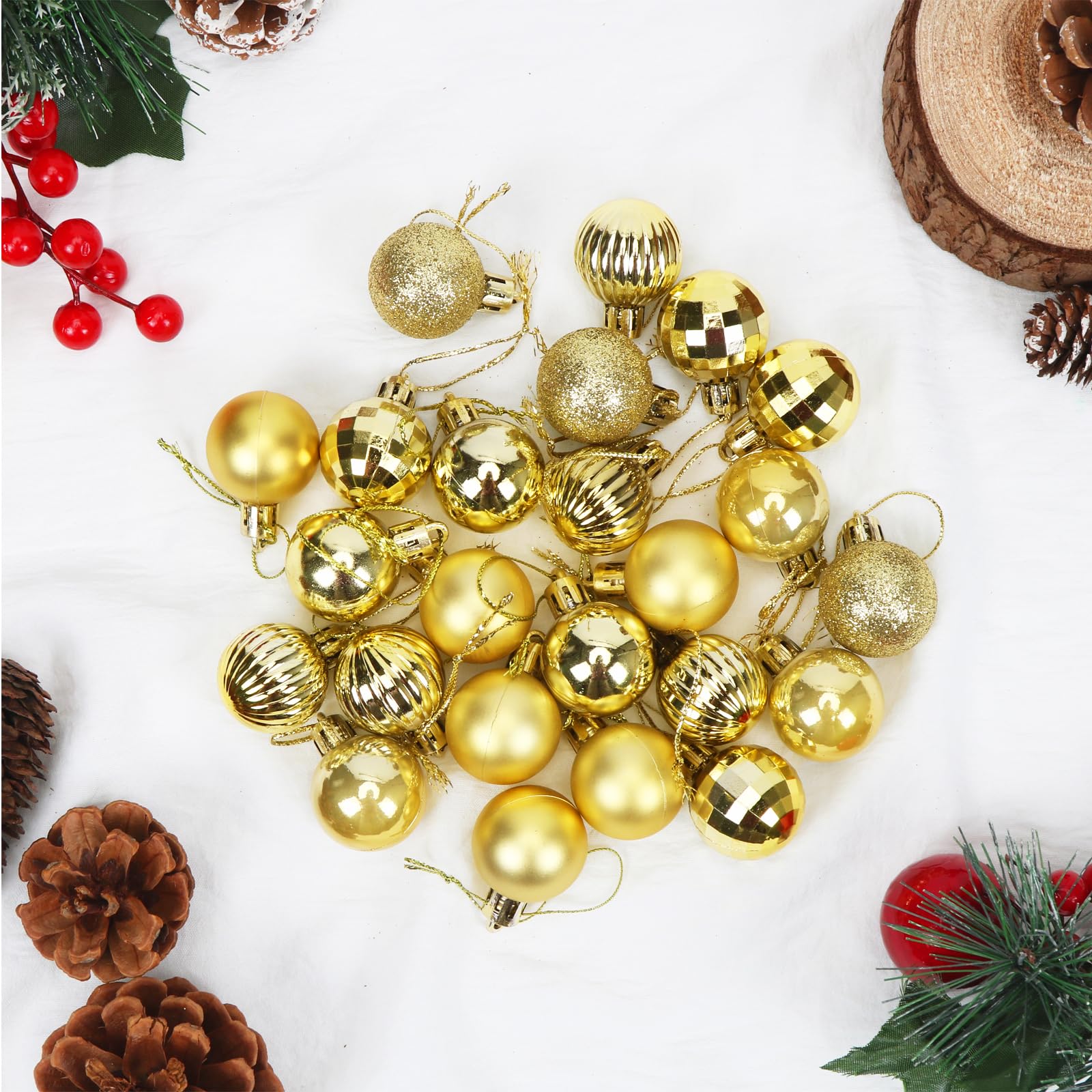 42 Petites Boules De Noël Or - 6 Designs Différents, 3cm Mini Boules Plastique Incassables Pour Sapin