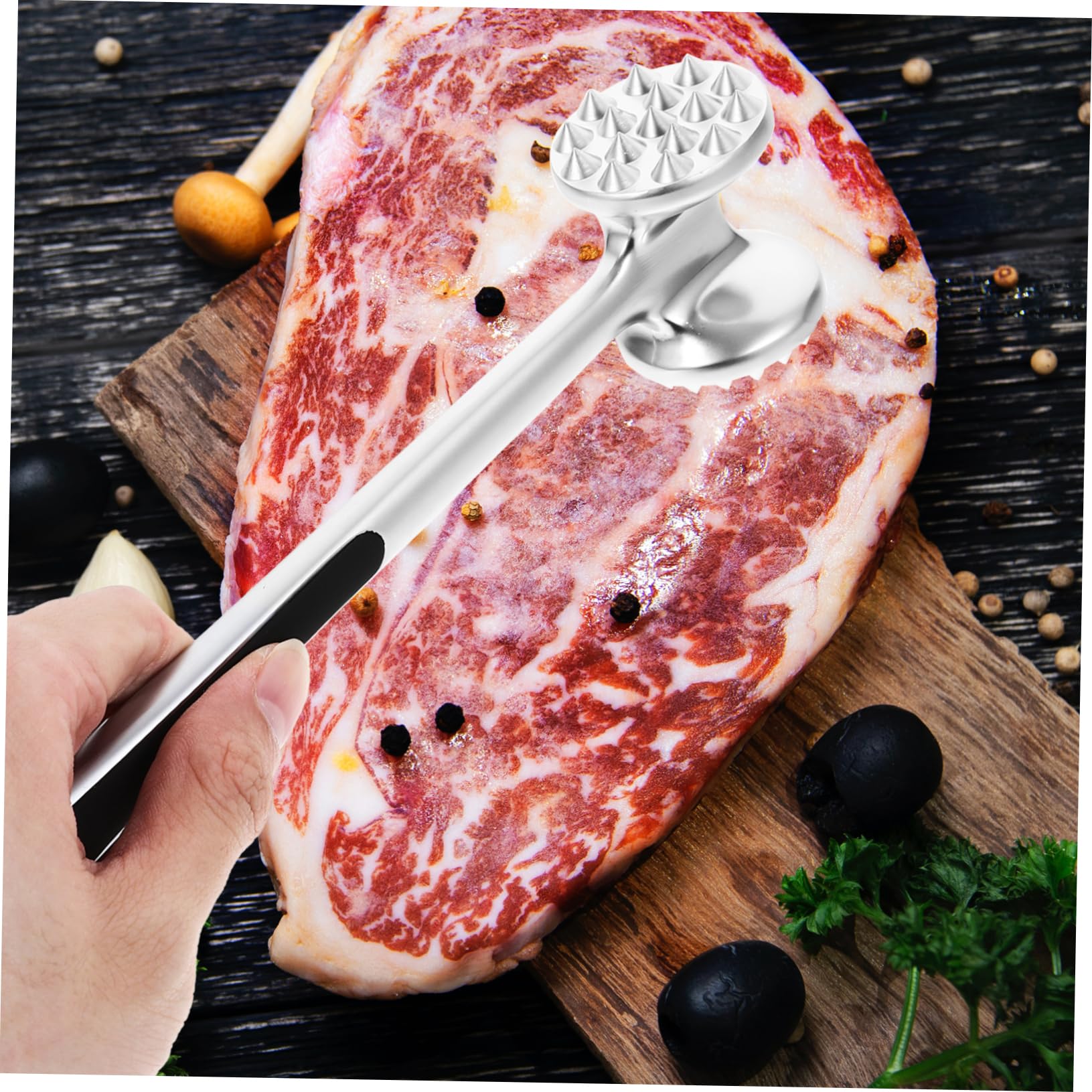 SOLUSTRE Stainless Steel Dual Sided Meat Hammer Meat Tenderizer Cooking Mallet for Easy Use Heavy Duty Kitchen Tool for Steak Chicken Pork and More Long Handle Design
