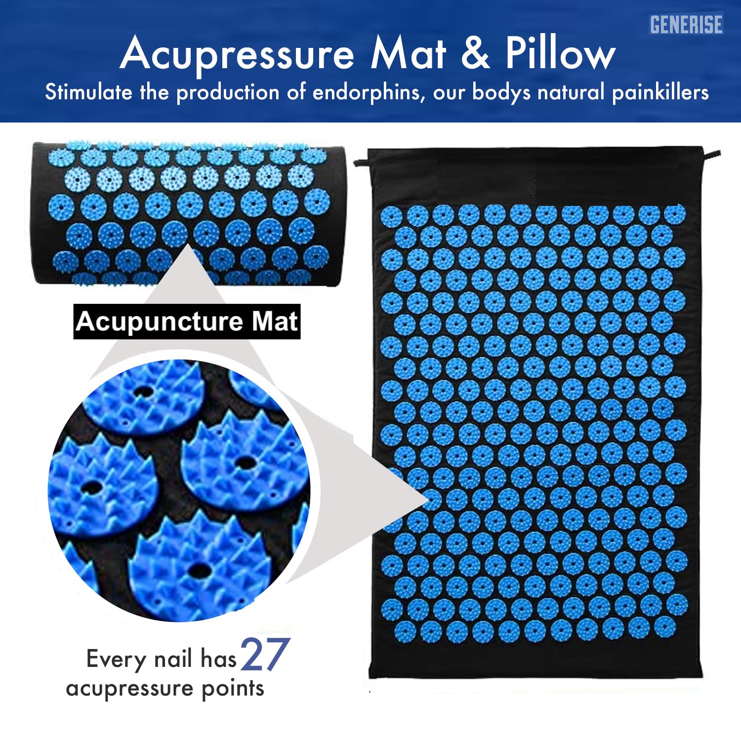 Generise Tapis d'acupression et oreiller pour homme et femme – Soulagement des douleurs dorsales, cervicales et musculaires – Comprend un sac de voyage avec sangle réglable (noir avec pointes bleues)