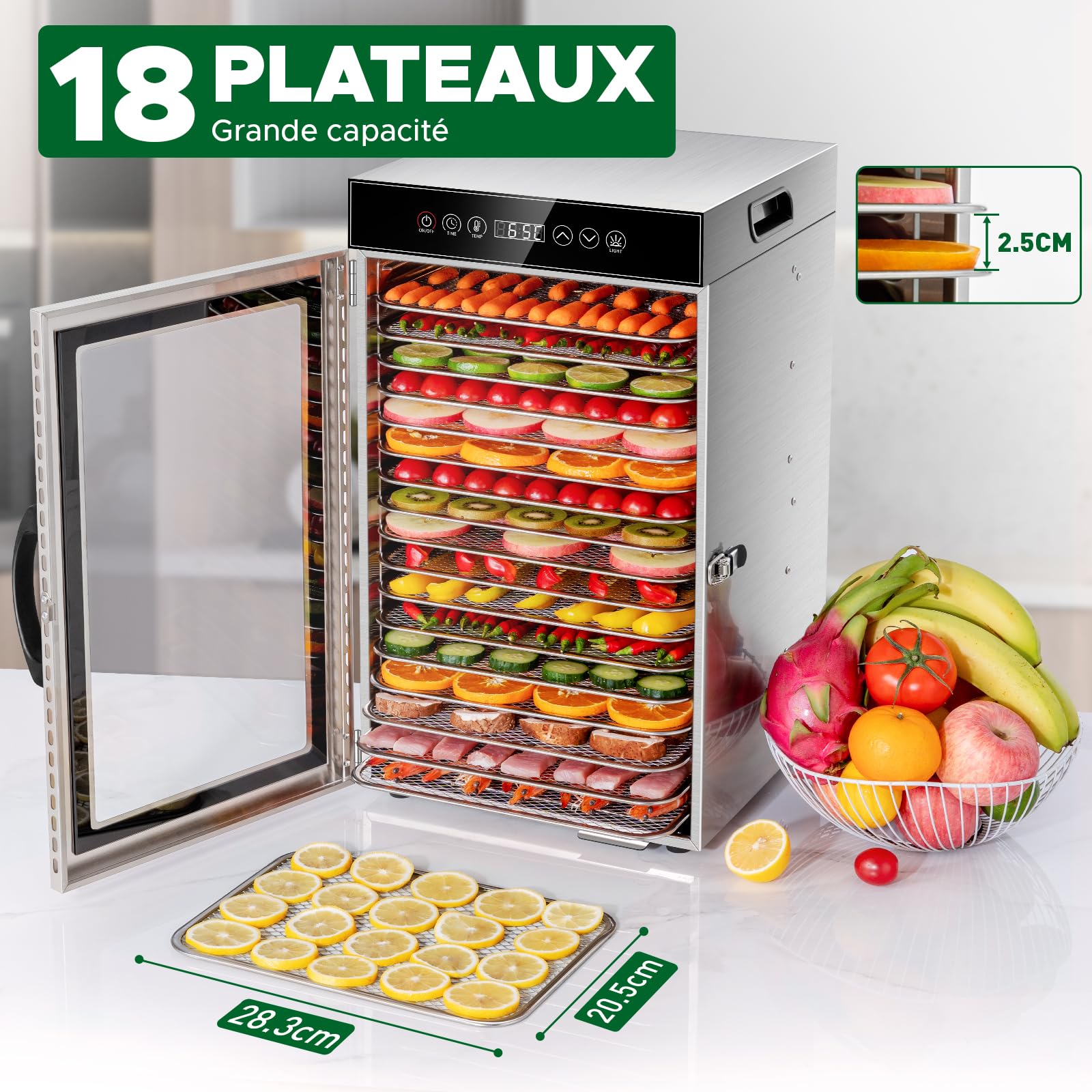 Kwasyo Déshydrateur Alimentaire Professionnel 18 Plateaux, 800W Déshydrateur en Acier Inoxydable avec Circulation d’Air à 360°, Grande Capacité pour Viande, Fruits, Légumes, Herbes