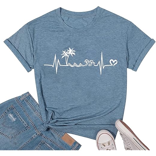 Beach Heartbeat T Shirt for Women Love Heart Graphic Tees Print Shirts Short Sleeve Casual Summer Vacation Tee Tops-Blue M