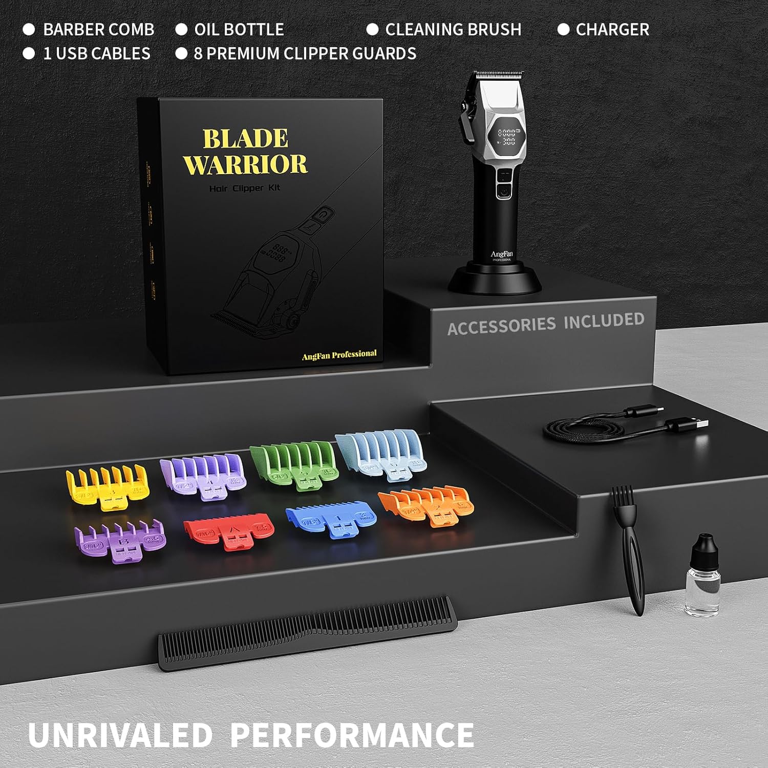 Professional Cordless Hair Clippers for Men - 8000RPM 5-Speed Motor with 440C Black Oxide Blades, Barber Clippers Kit with Charging Dock & 8 Guards,Salon Grade Hair Cutting Set for Barbers - Image 6