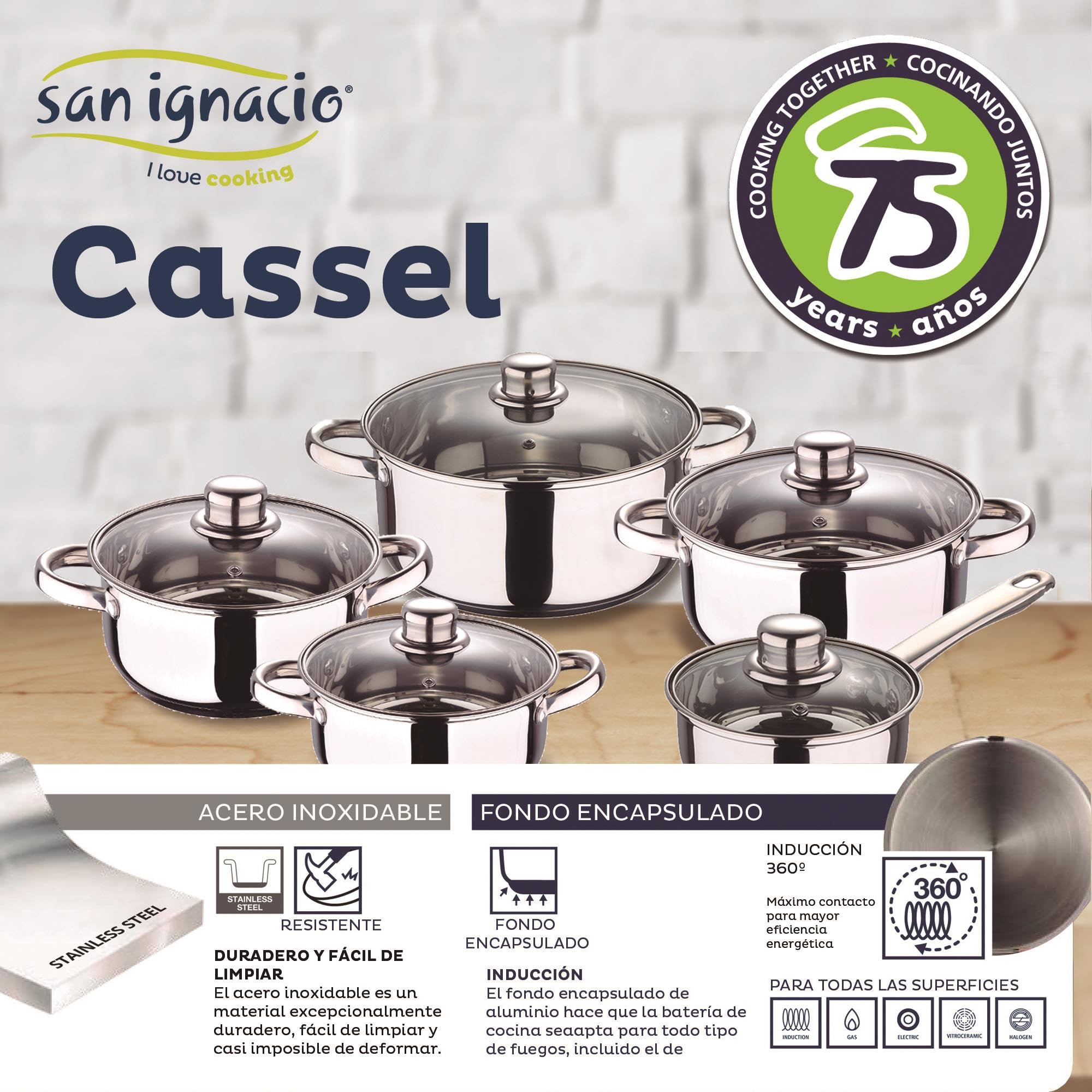 San Ignacio Kochgeschirr-Set, 12-teilig, aus Edelstahl, verchromt, Kollektion Cassel+, 5-teiliges Küchenutensilien-Set aus Silikon und Holz