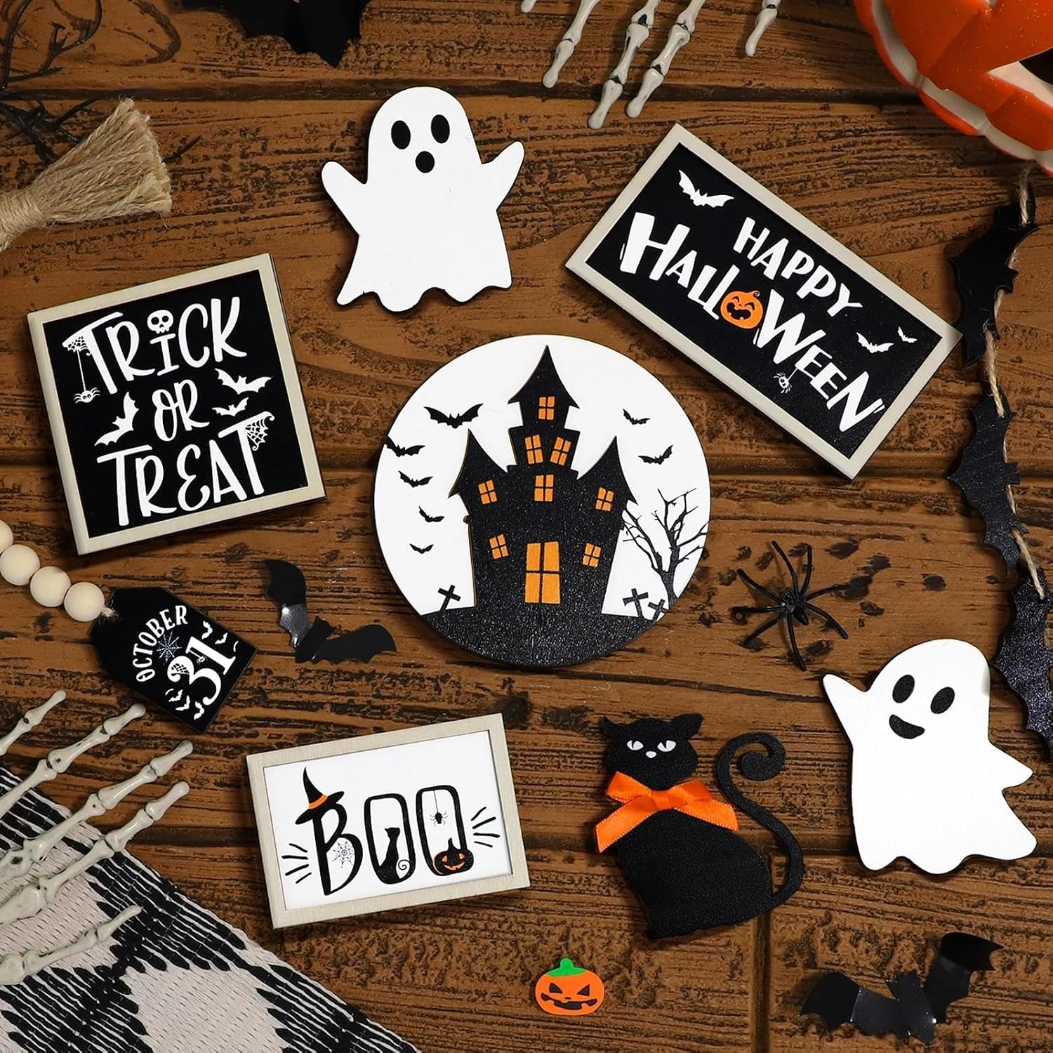 19PCS Halloween Tiered Tray Decor - Halloween Decorations Indoor Wooden Signs Set with Ghost Bat Pumkin Centerpieces for Tables Home Kitchen Bedroom Shelf Decor