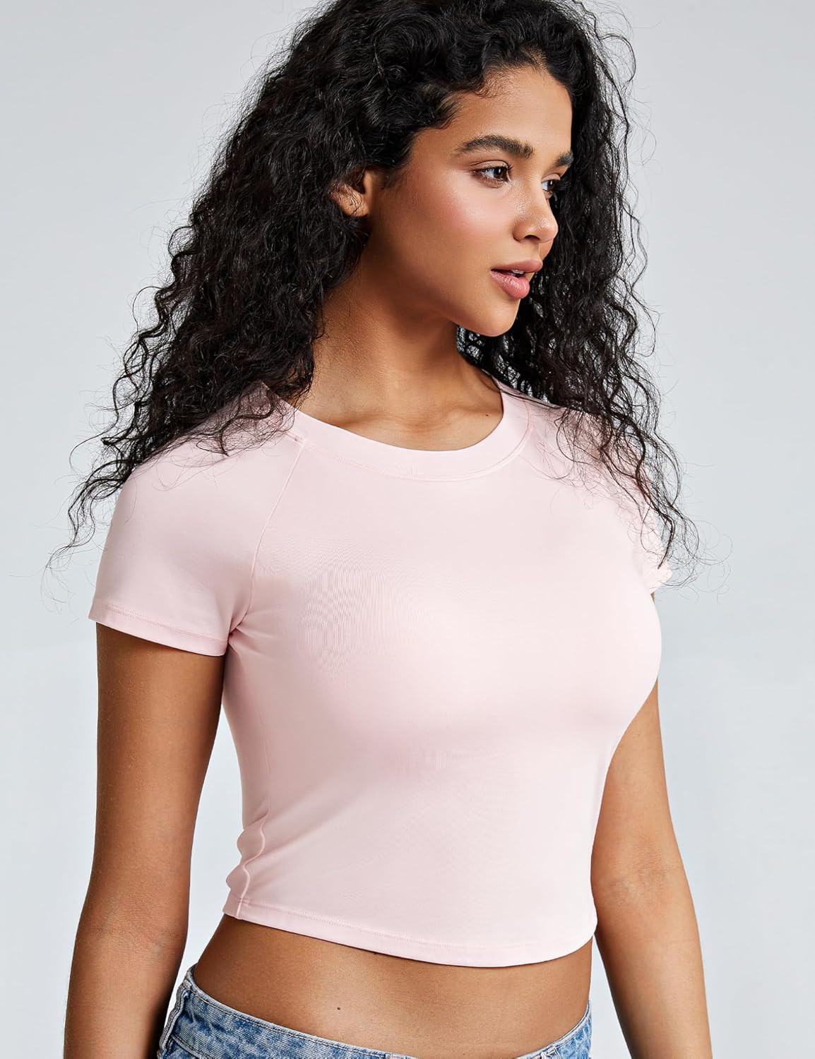 ZeroBound Built in Shelf Bra Crop Tops - Short Sleeve Y2k Tee for Women, Crew Neck Basic Casual Crop T Shirt - Image 3