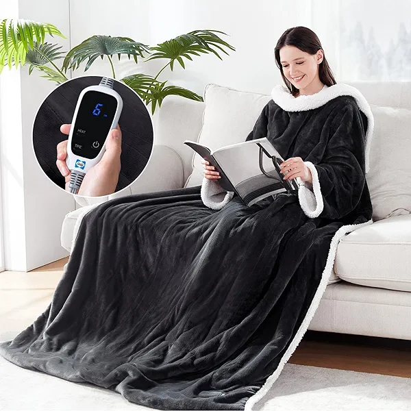Sealy Electric Blanket Wearable with Foot Pocket, Electric Snuggle Blanket with Sleeves, Flannel & Sherpa Heating Throw with 6 Heat Settings & 2-10 Hours Auto Shut Off, 50 * 70"+18", Dark Grey