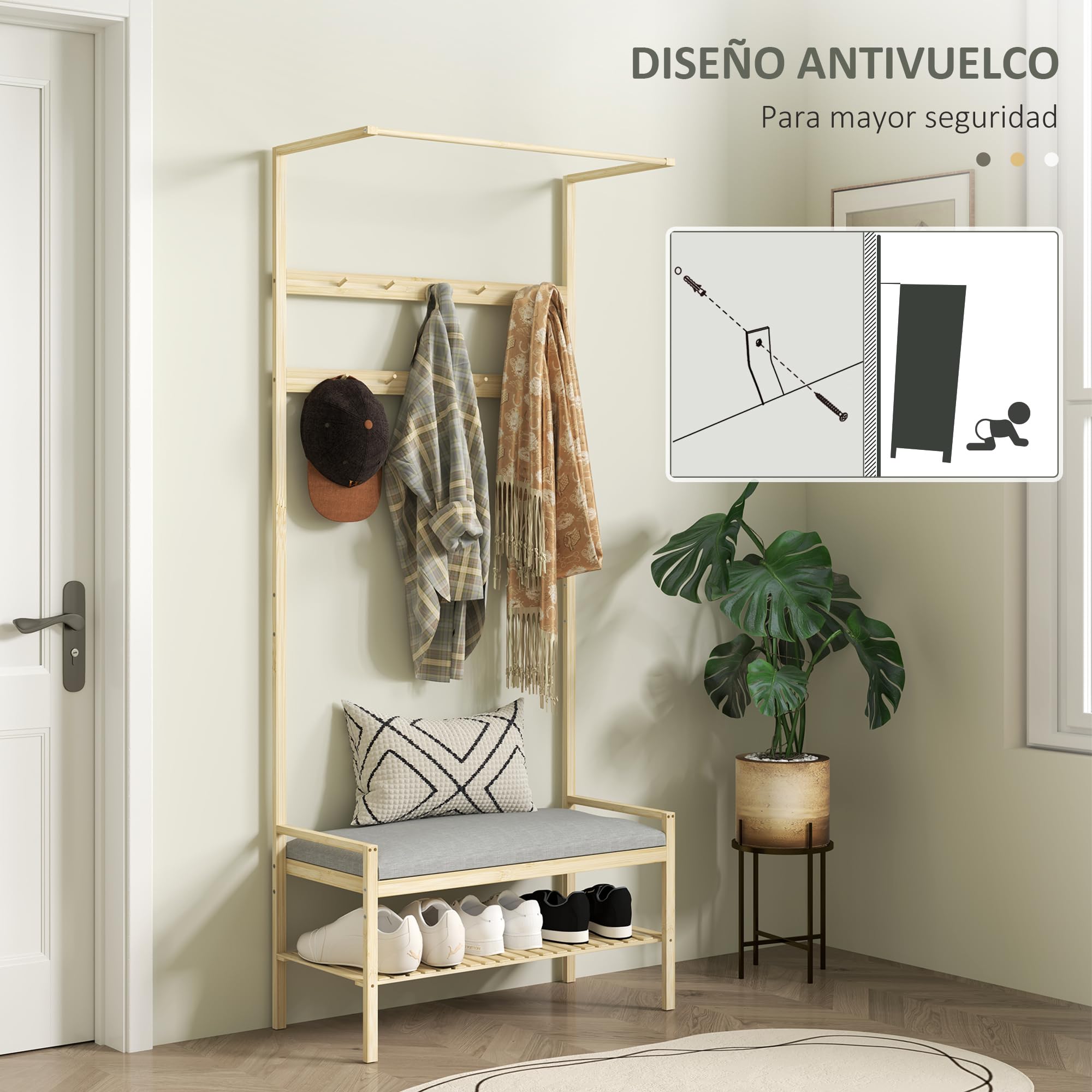 HOMCOM Perchero Zapatero Perchero Entrada Recibidor con 10 Ganchos Banco Zapatero Barra Superior y Compartimento para Pasillo Dormitorio 73,5x34x171 cm Natural