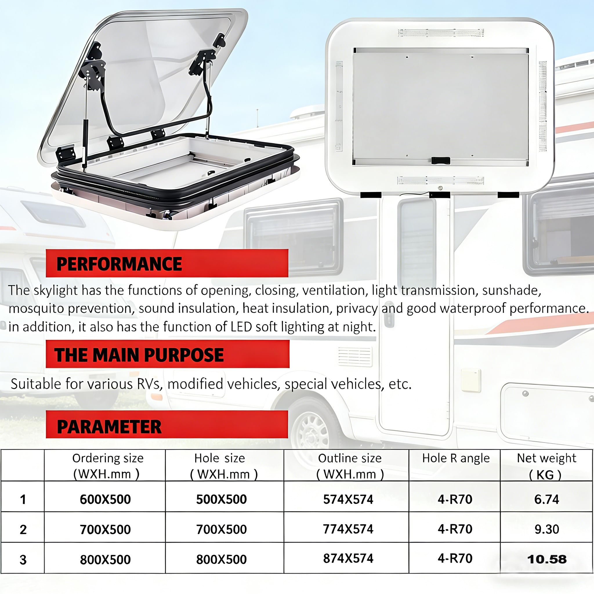 Dachlüfter für Wohnmobile, Wohnmobilfenster und Dachfenster, universelle Dachluke für Wohnmobile, großes Dachfenster-Belüftungsset für Wohnwagen mit LED-Beleuchtung 80x50cm