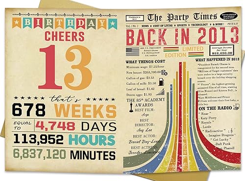 Tarjeta de Cumpleaños 13, Regalos Retro de 13 Cumpleaños para Niños Niñas, Ideas de Regalo de Cumpleaños Feliz de 13 Años para Hijo o Hija,