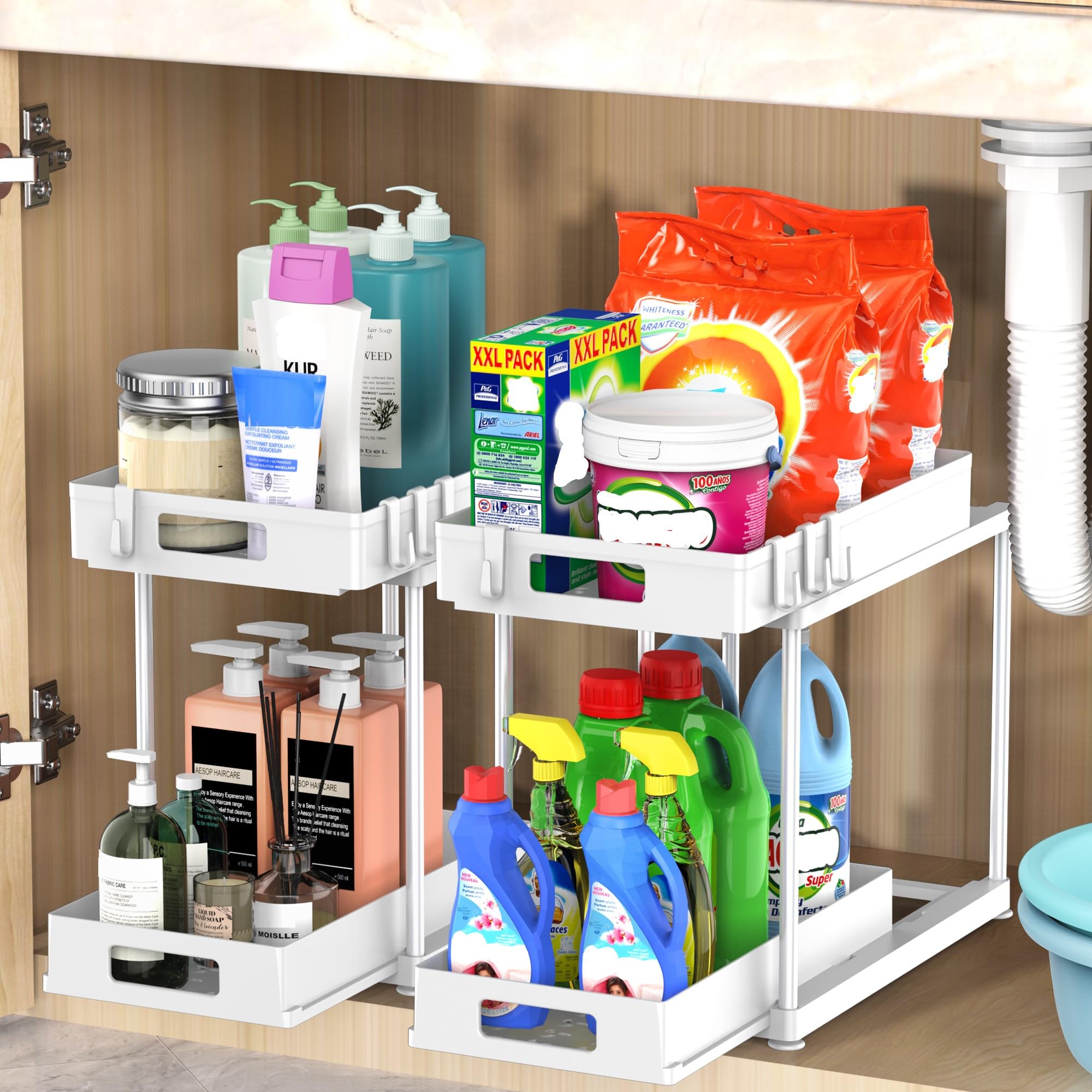 Lot de 2 organiseurs sous évier avec tiroir extractible, armoire de rangement à 2 niveaux pour cuisine et salle de bain, convient aux fournitures de nettoyage et aux articles de toilette, économie