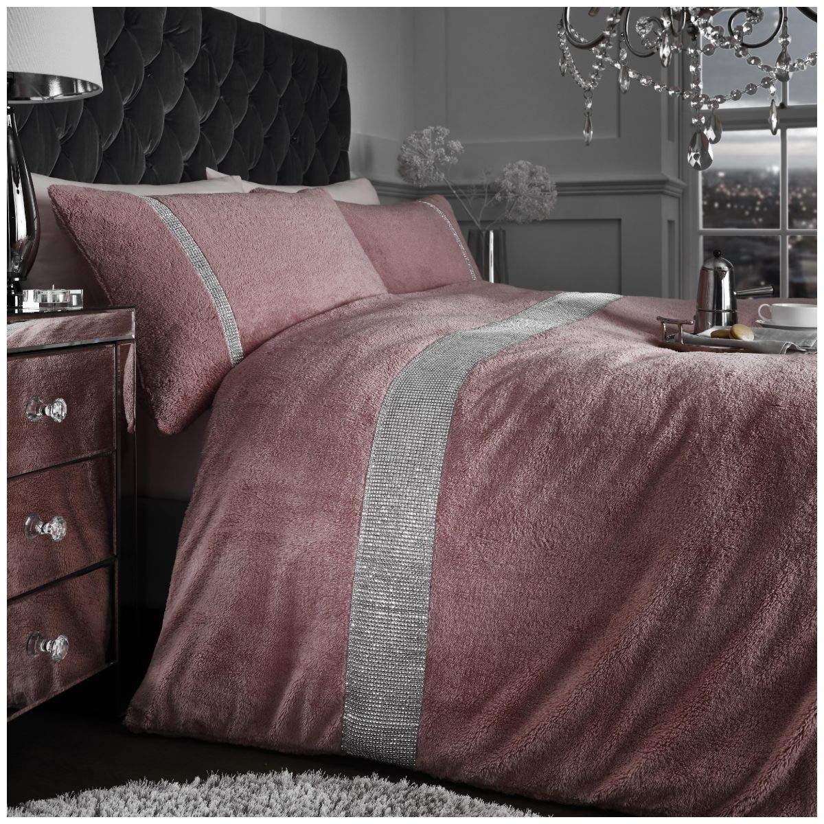 GC GAVENO CAVAILIA Super Soft Teddy Arcade Bedding, Fluffy Fleece Duvet Cover, Cosy Diamante Quilt Set Pillowcase, Blush-Pink, Single Size