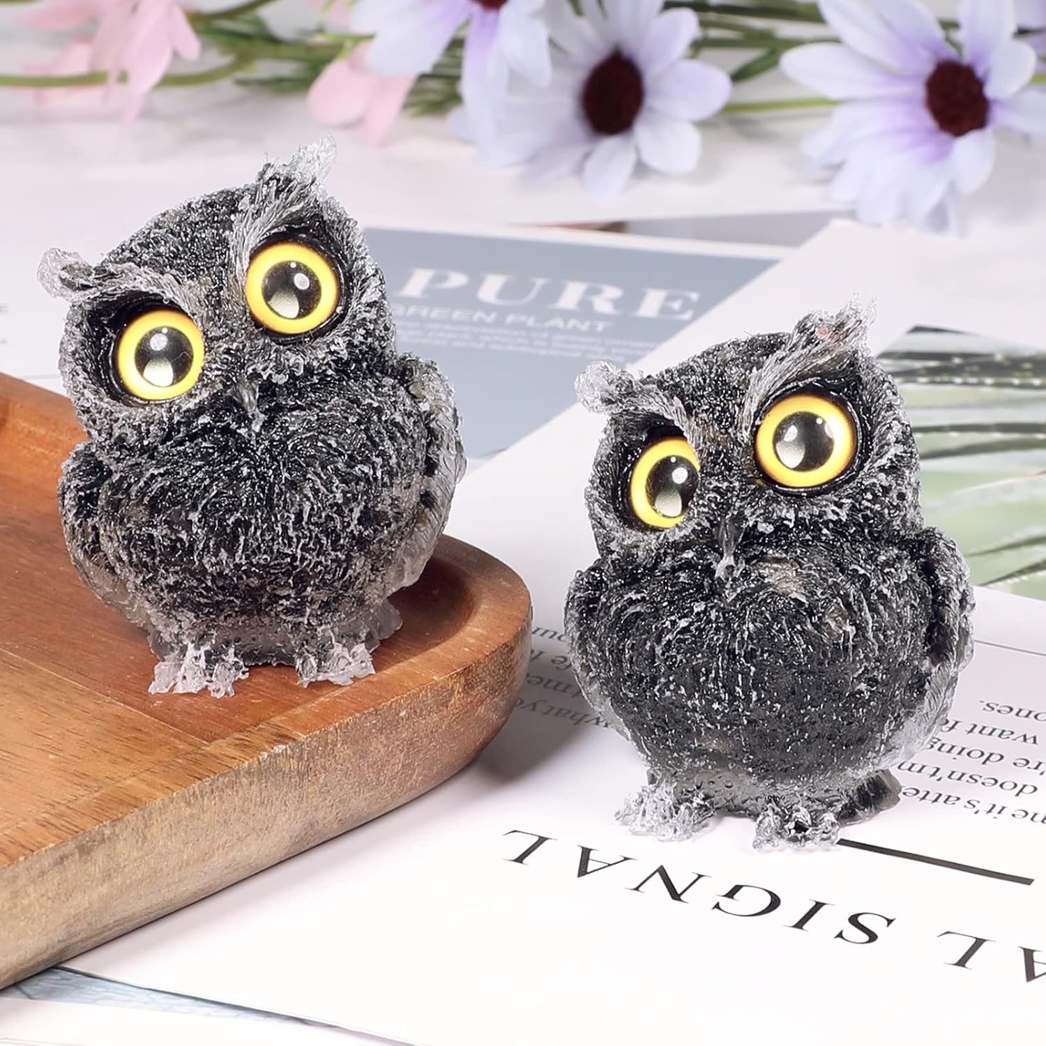Black Obsidian Stone Crystal Owl Statue Pocket Stone, Carved Orgone Resin Owl Animals Figurine Sculpture Stone for Home Office Decor, Black