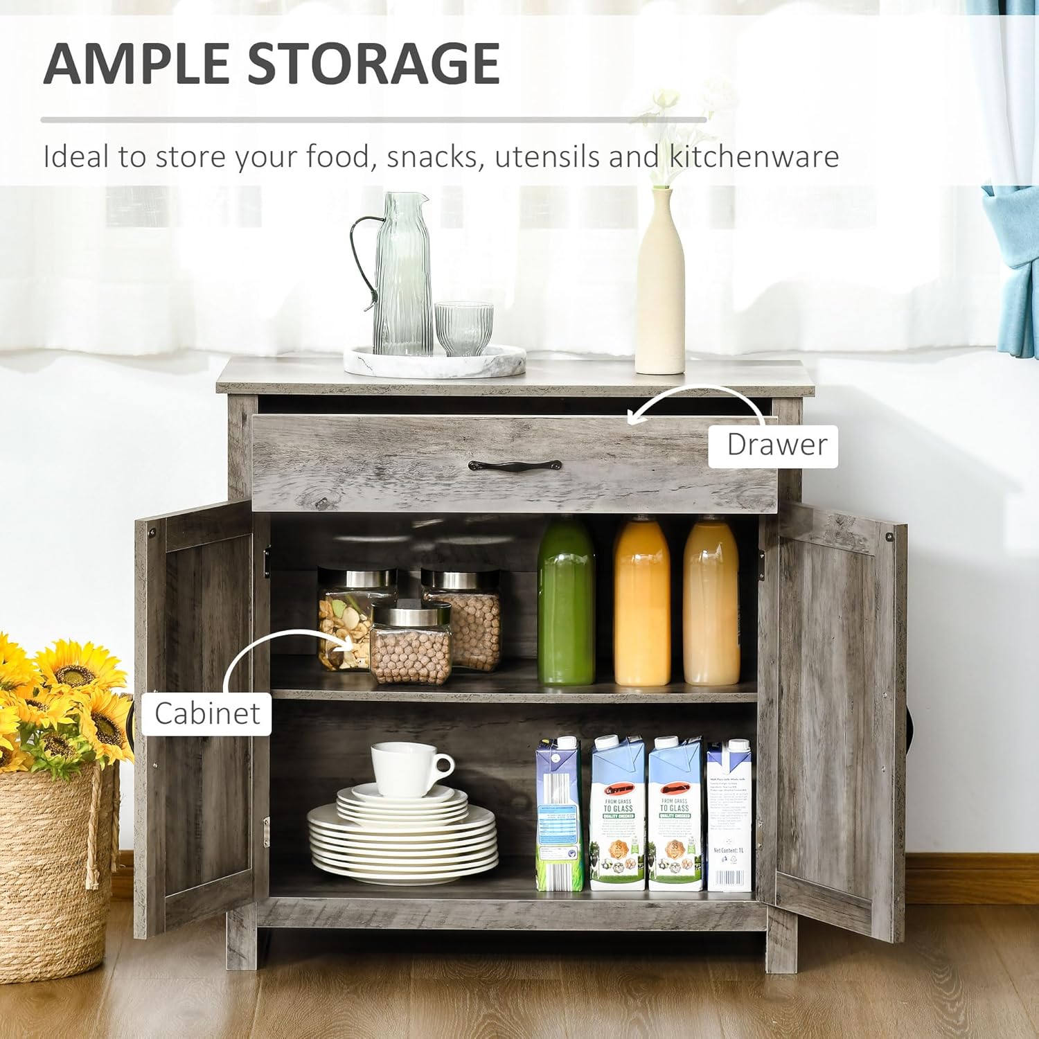 Interior storage of the cabinet with drawer and shelves