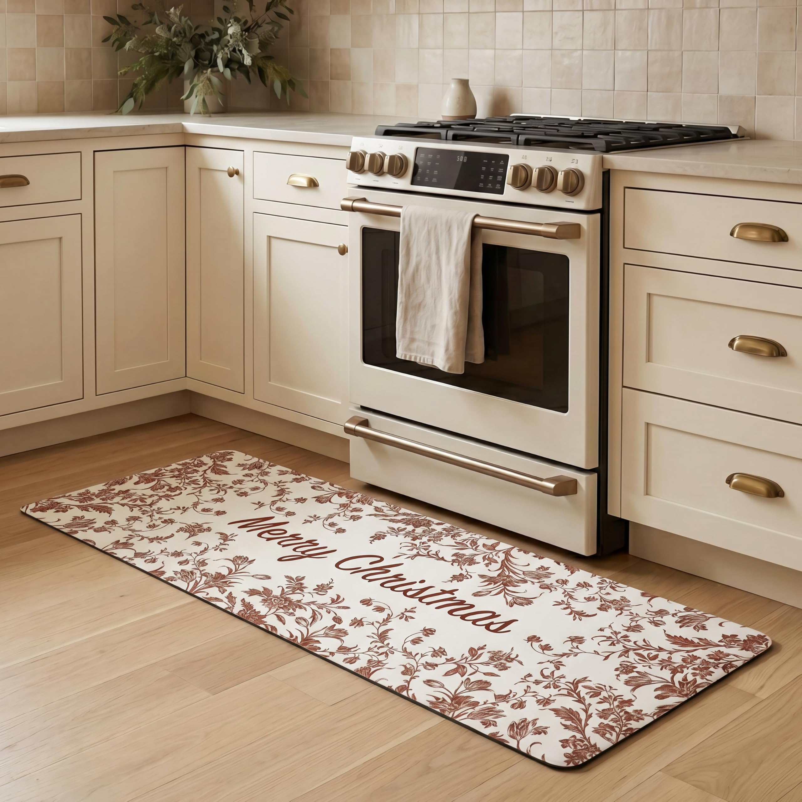 Laura Ashley Amberley Merry Christmas Anti Fatigue Kitchen Mat, Non Slip Cushioned Comfort Floor Mat, 17.5"x48", Red