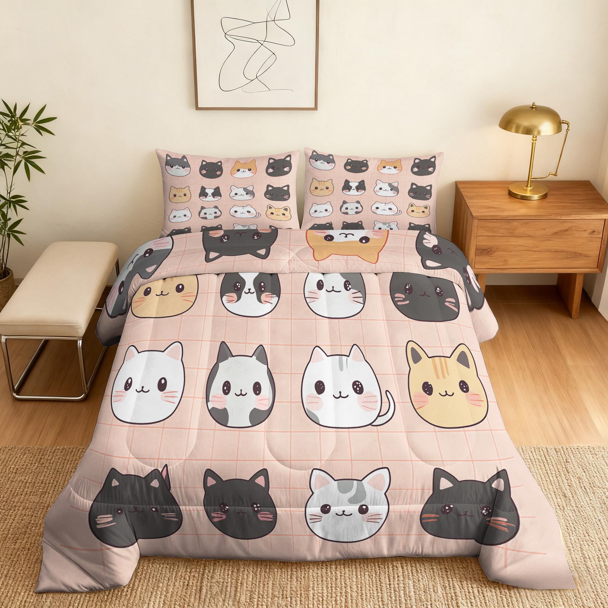Coverless Duvet Single Cat Pattern, Bedroom Decor, Gift, Cute Cartoon Kitten Bedding Comforter Set 2 Piece, 1 Pillowcase, Soft All Season Quilt 10.5 Tog - S&E406