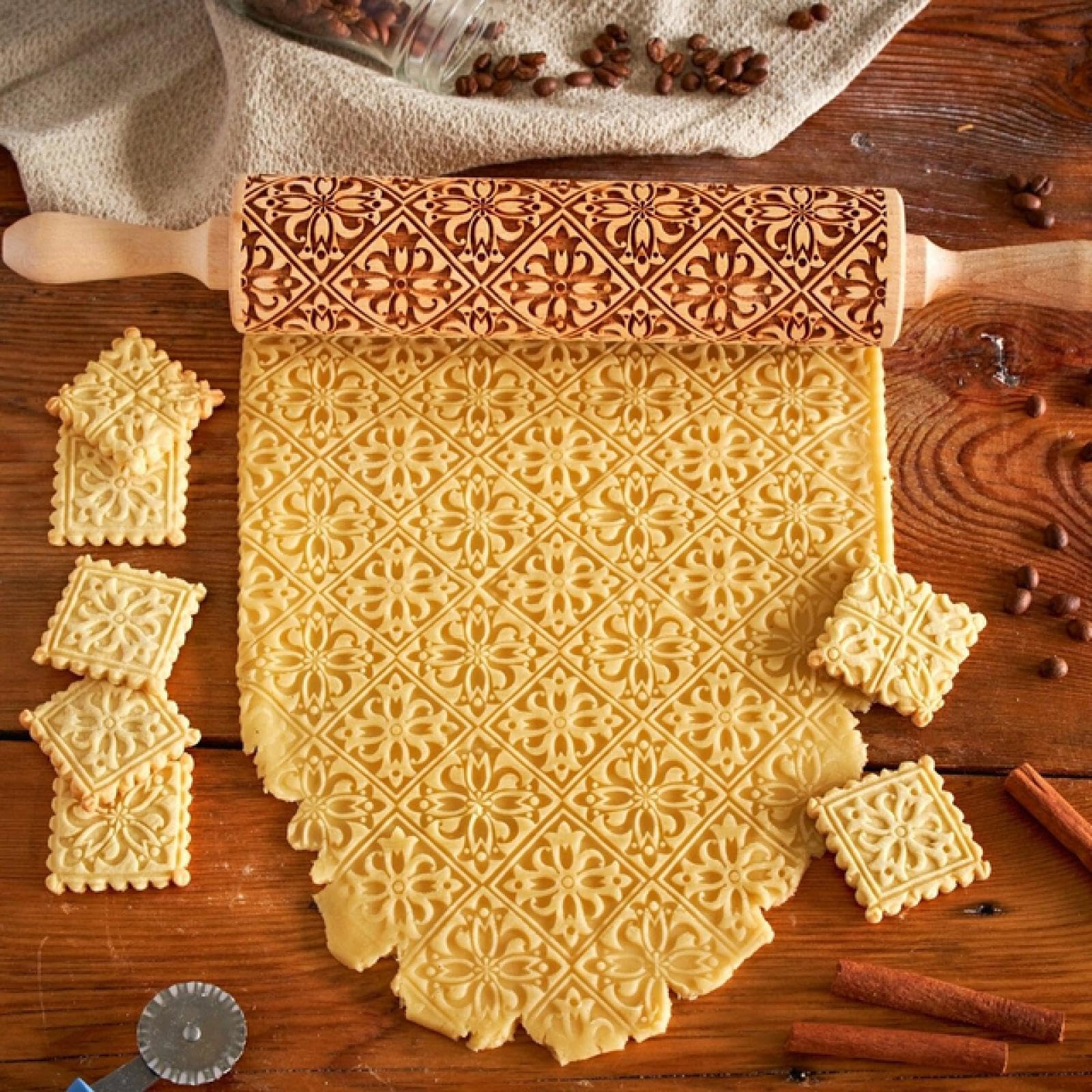 Hornear Galletas con Relieve,Rodillos con Relieve Rodillo con Relieve navideño de 35CM, Madera Tallada for Galletas, Galletas, Fondant, Masa for Hornear, Rodillo Impreso Grabado(B)