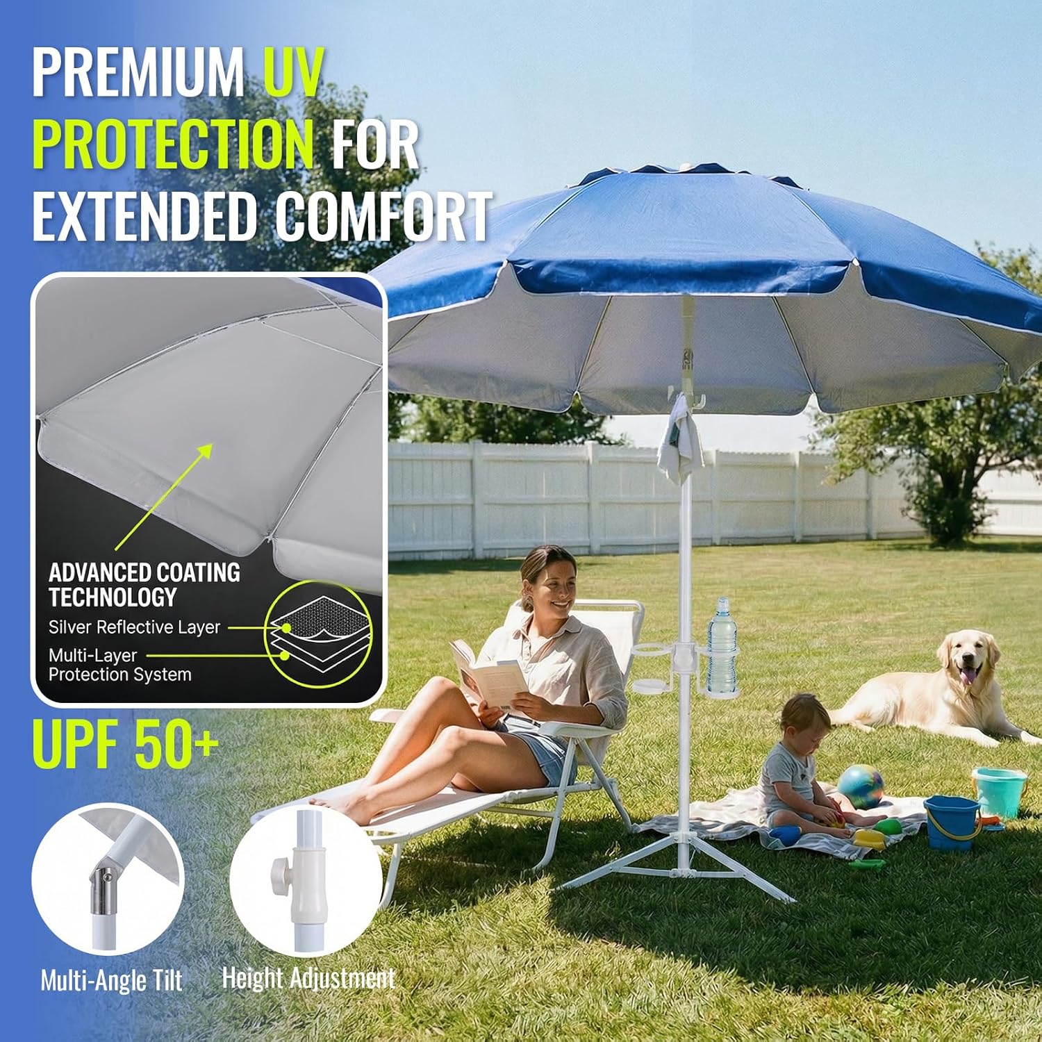 PASAMIC 7ft Portable Umbrella with Stand, UPF 50+ Sports Sun Shade Umbrella with Carry Bag, Hook & Cup Holders, Adjustable Instant Sun Protection for Sports, Beach, Fishing, Royal Blue