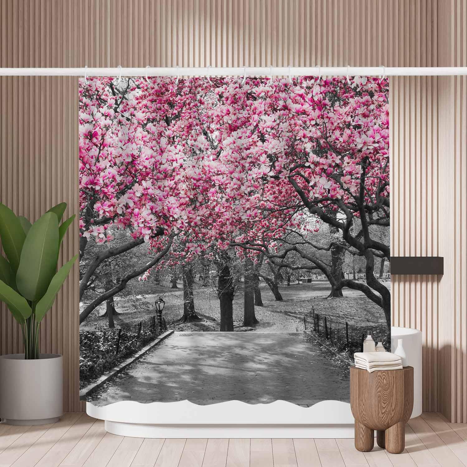 Woutay Shower Curtain Mould Proof Resistant Pink Blossoms,Water Repellant Fabric,Polyester,with 12 Plastic Hooks