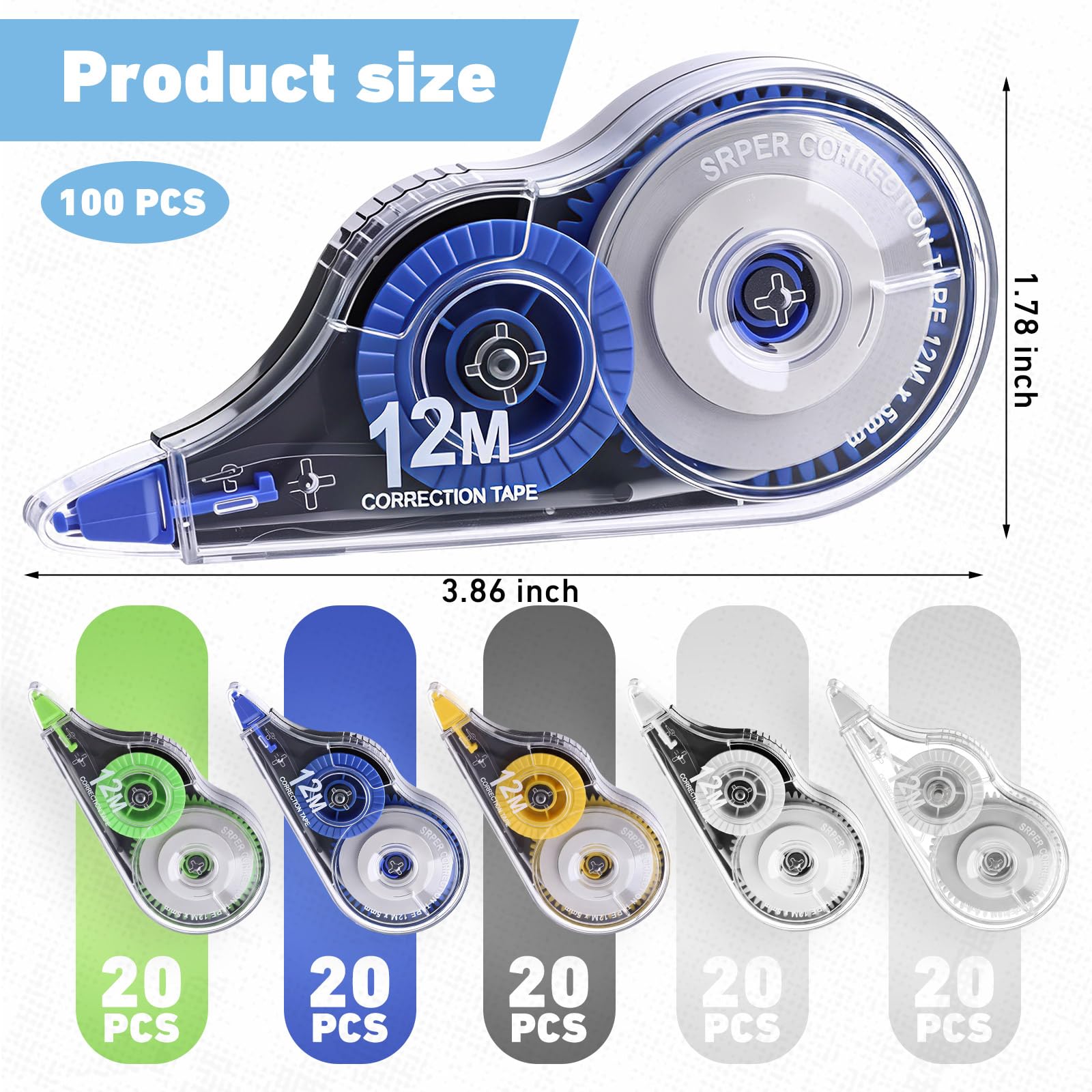 AmazingSpark 100 cintas correctoras blancas a granel, 39.4 pies, resistente al desgarro, aplicador fácil de usar para correcciones instantáneas para notas de oficina escolar, ancho de cinta de 0.2