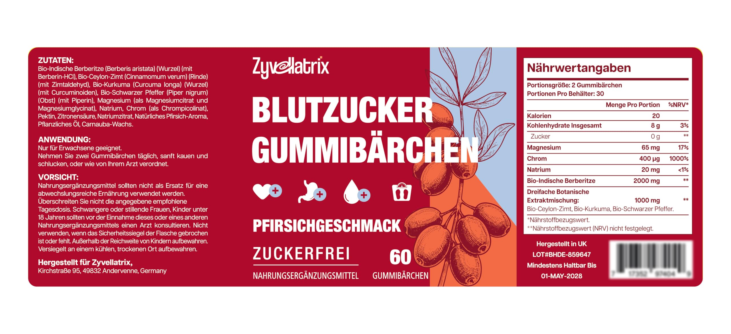 Berberin Gummies – 2000mg Hochdosiert Berberine – mit Ceylon-Zimt, Kurkuma, Schwarzem Pfeffer, Magnesium & Chrom – Zuckerfrei, Vegan – Unterstützt Gewichts & Herzgesundheit – 60 Pfirsich Gummibärchen