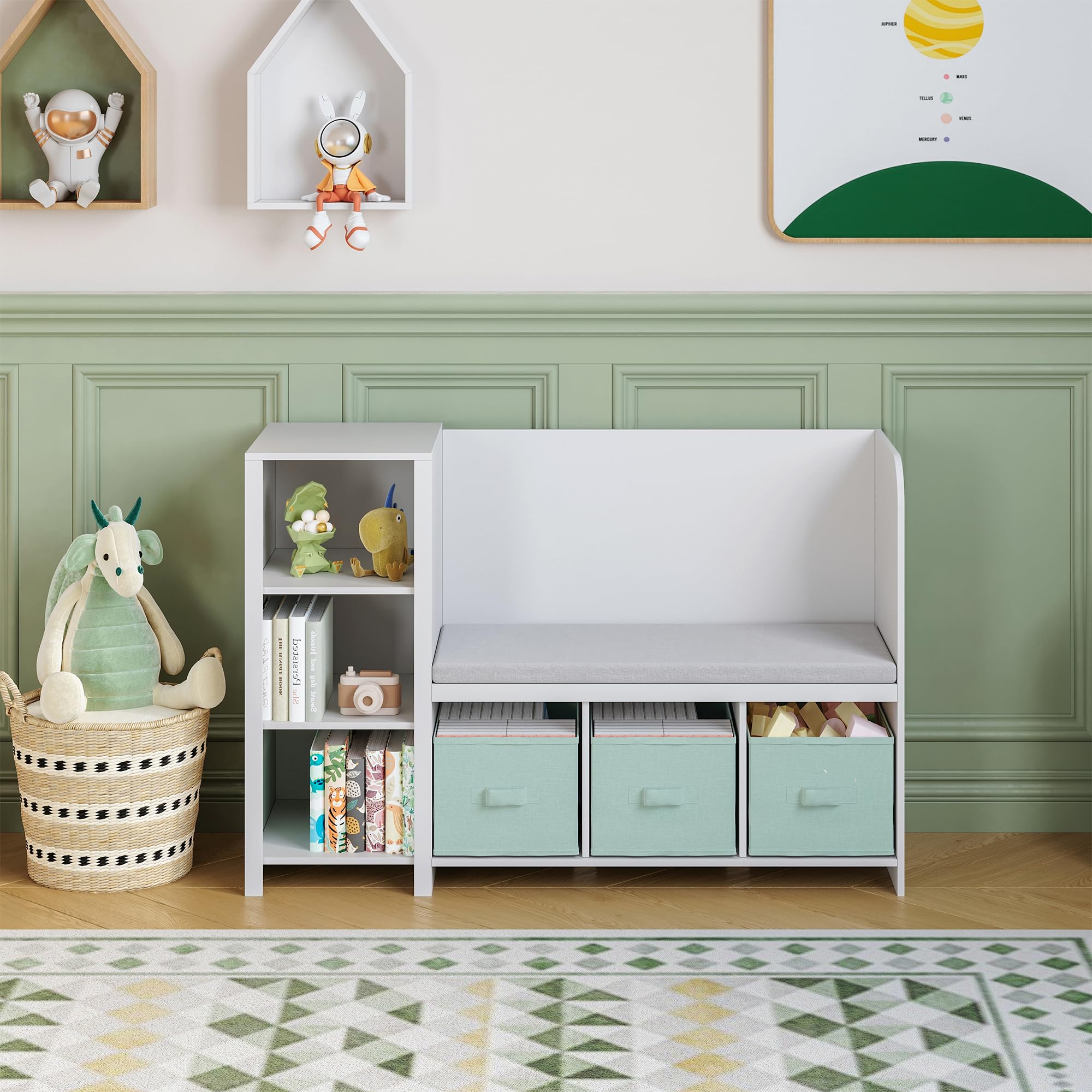 [en.casa] Étagère pour Enfants avec Banc d'Assise Coussin Confortable Bibliothèque Meuble à Chaussures Panneau de Particules Polyester Polyuréthane 76 x 112 x 40 cm Blanc Vert Menthe
